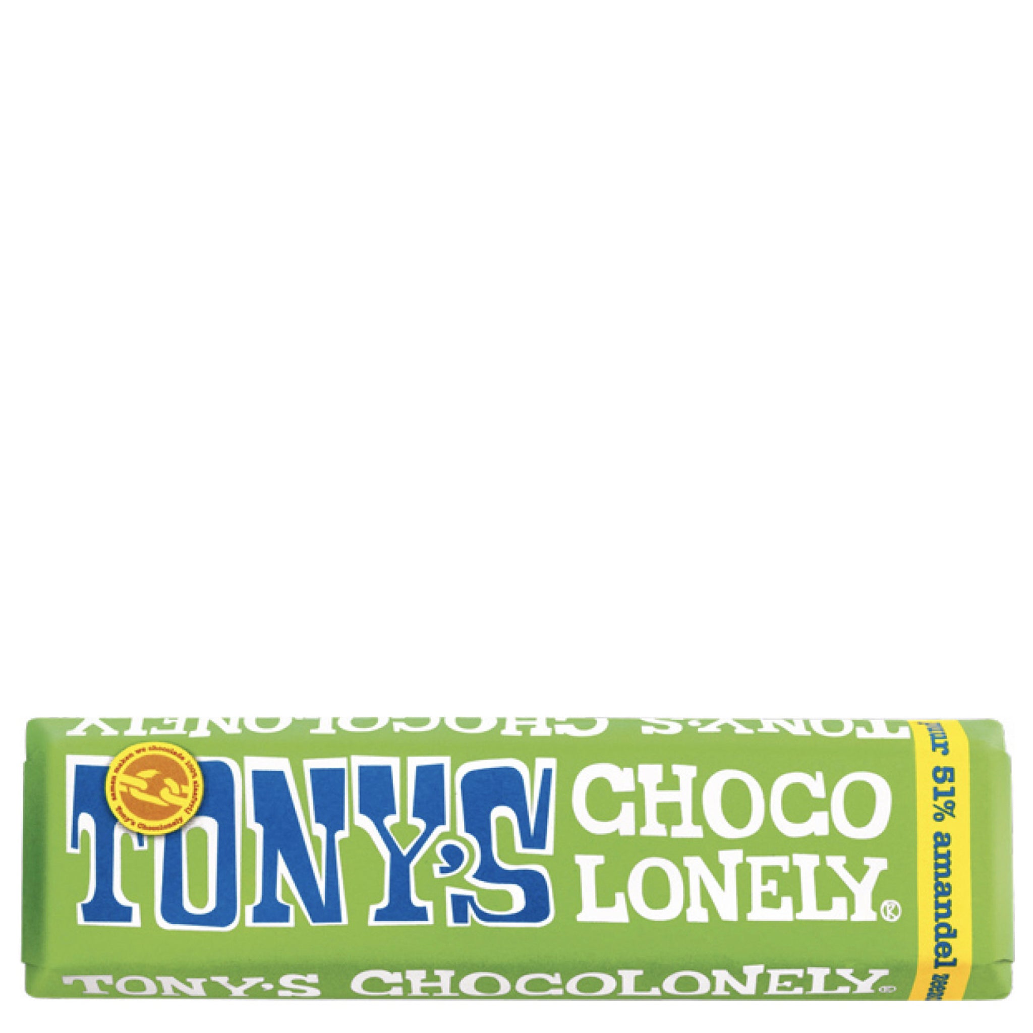 Tony's Chocolonely chocolate bar with green wrapper on a white background