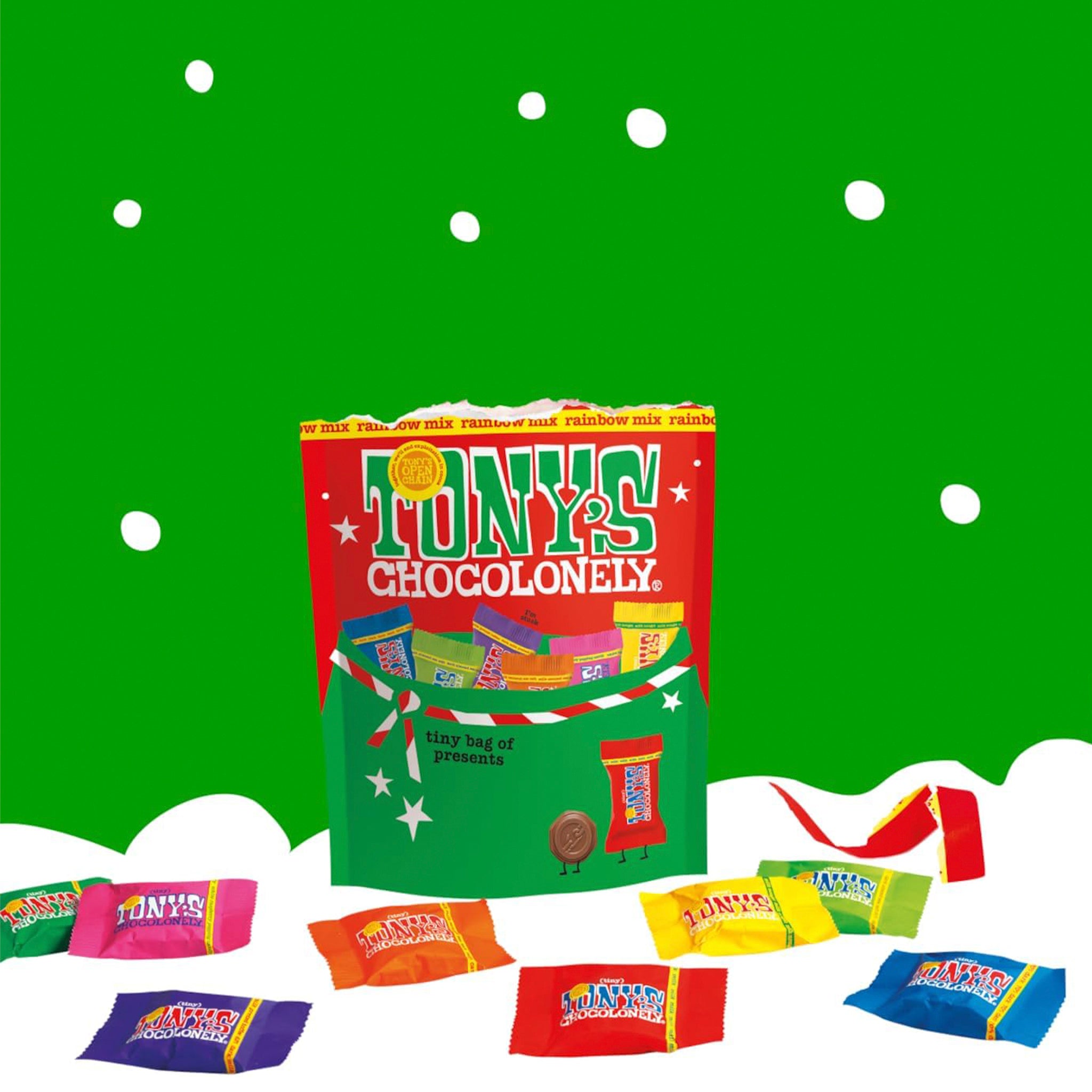 Tony's Chocolonely chocolate packaging with various chocolate bars on a green background