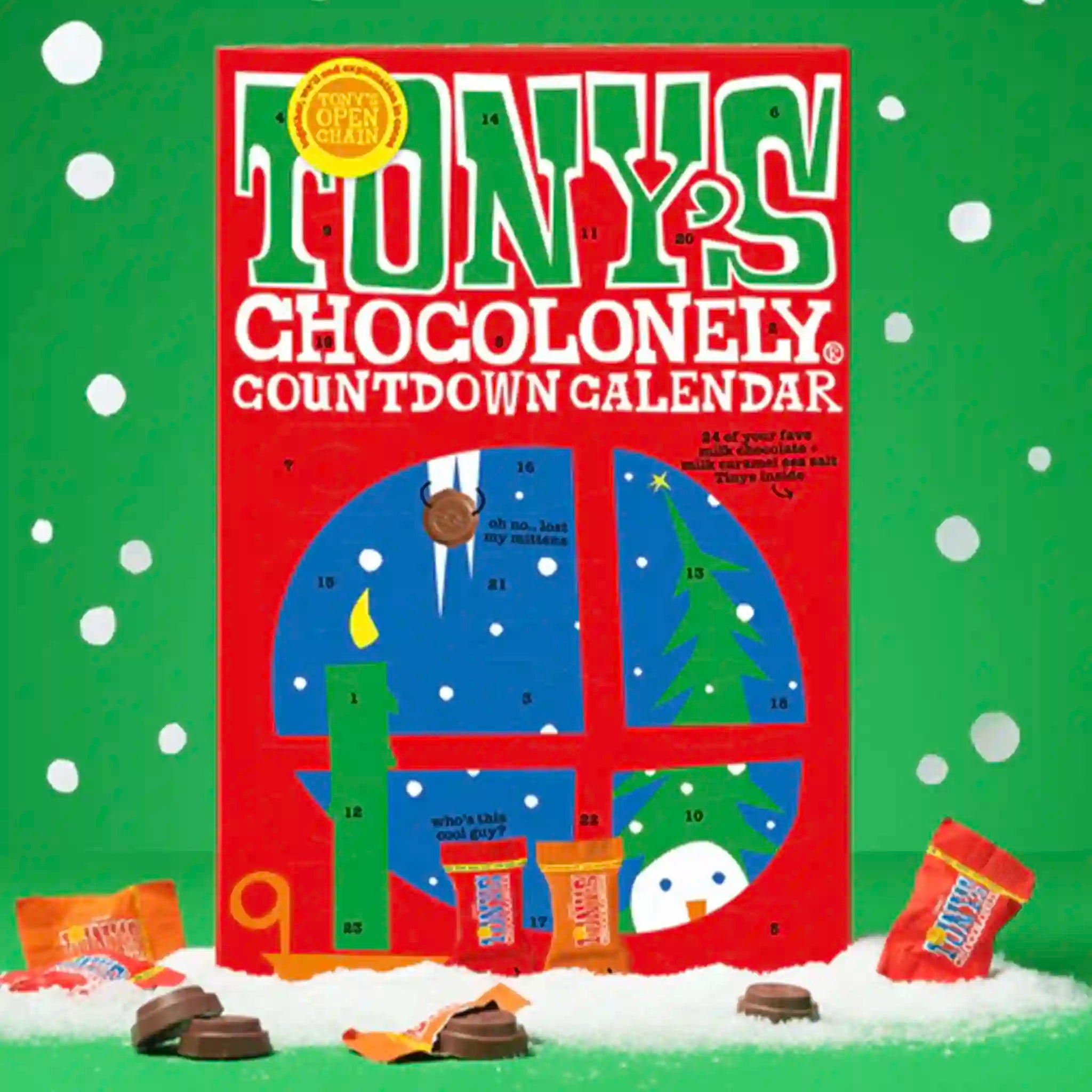 Tony's Chocolonely Countdown Calendar on a green background with snowflakes