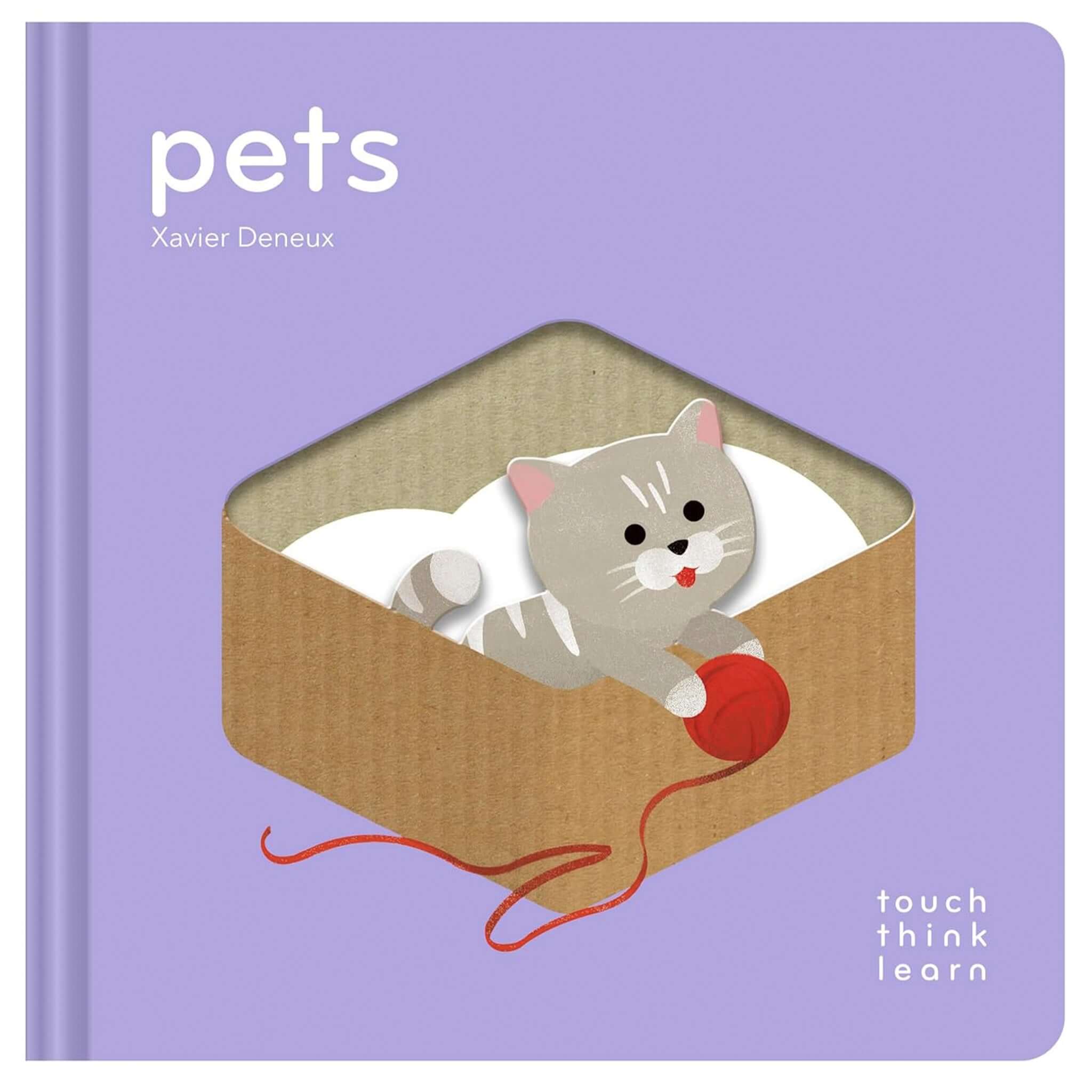 Touch Think Learn: Pets board book cover featuring a playful kitten in a box with yarn, engaging young readers.