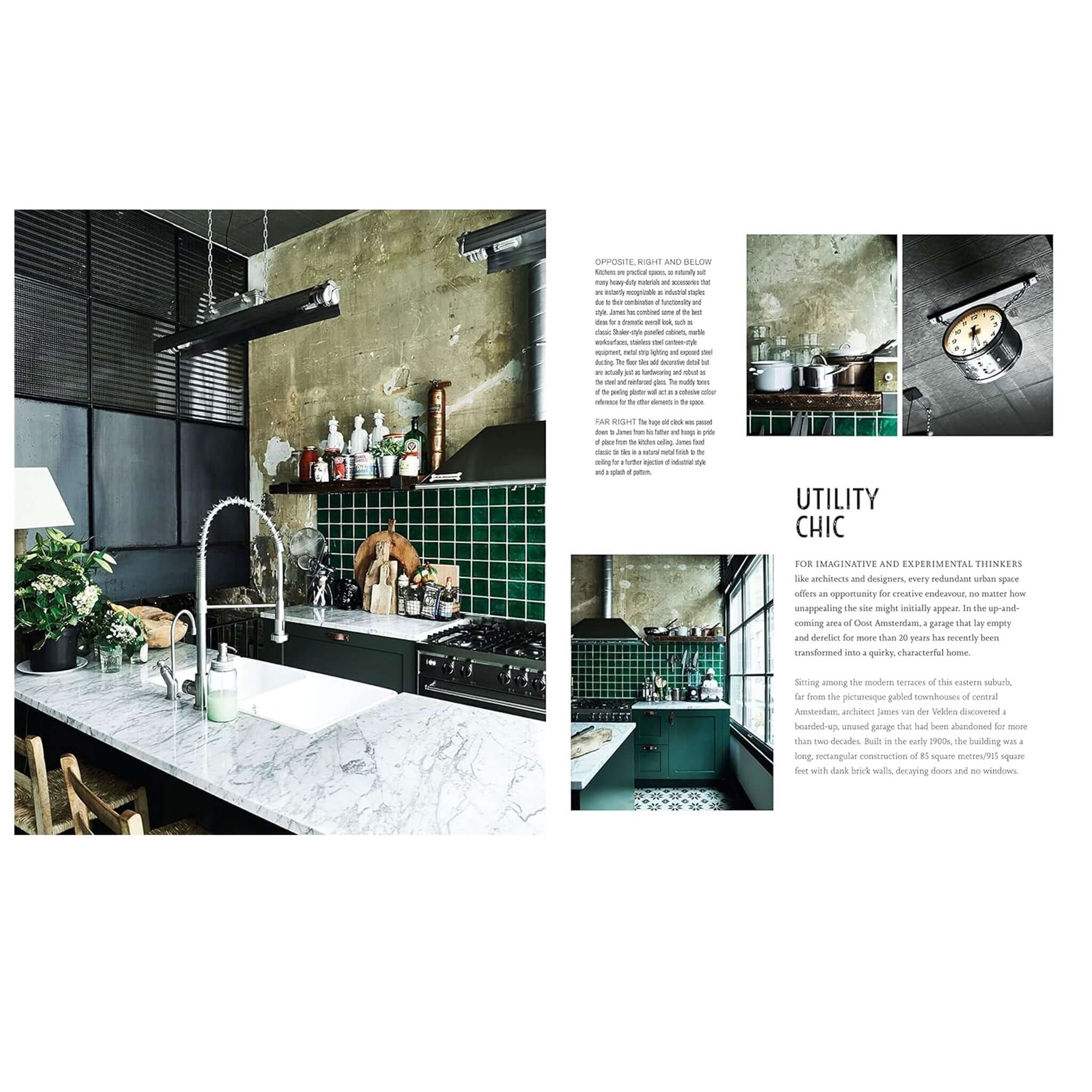 Alt Tag: Urban Style: Interiors Inspired by Industrial Design book interior spread featuring industrial kitchen with green tiles, concrete walls and reclaimed materials