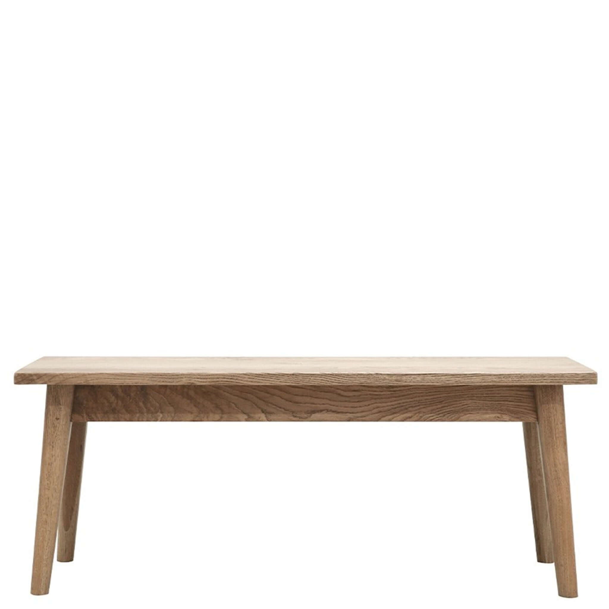Alt Tag: Vassa American Oak Bench contemporary Scandinavian bench seat with strong grain, smooth finish, angular legs, 118cm x 35cm