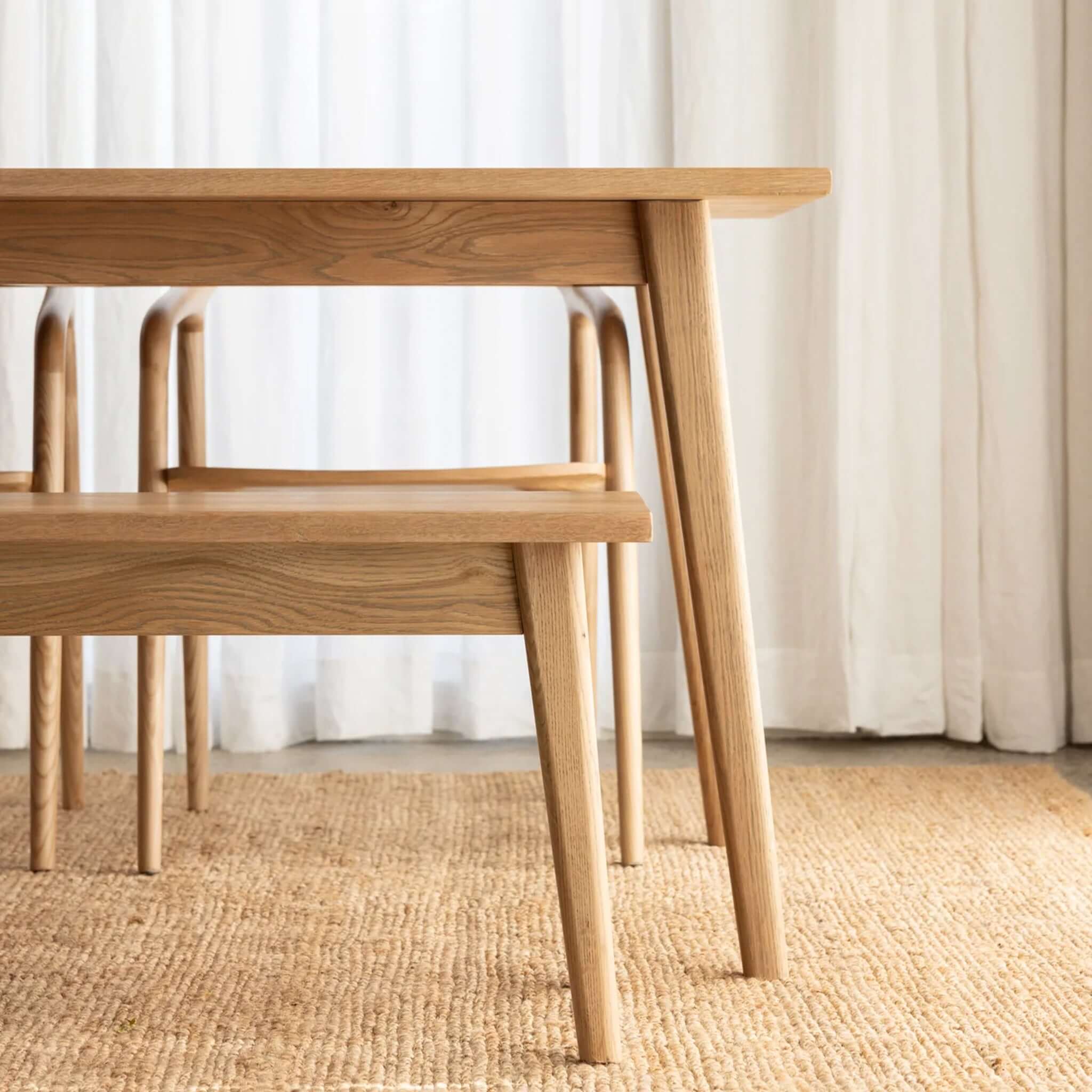 Vassa American Oak Bench Scandinavian style bench seat with strong grain, smooth finish, angular legs, timeless design