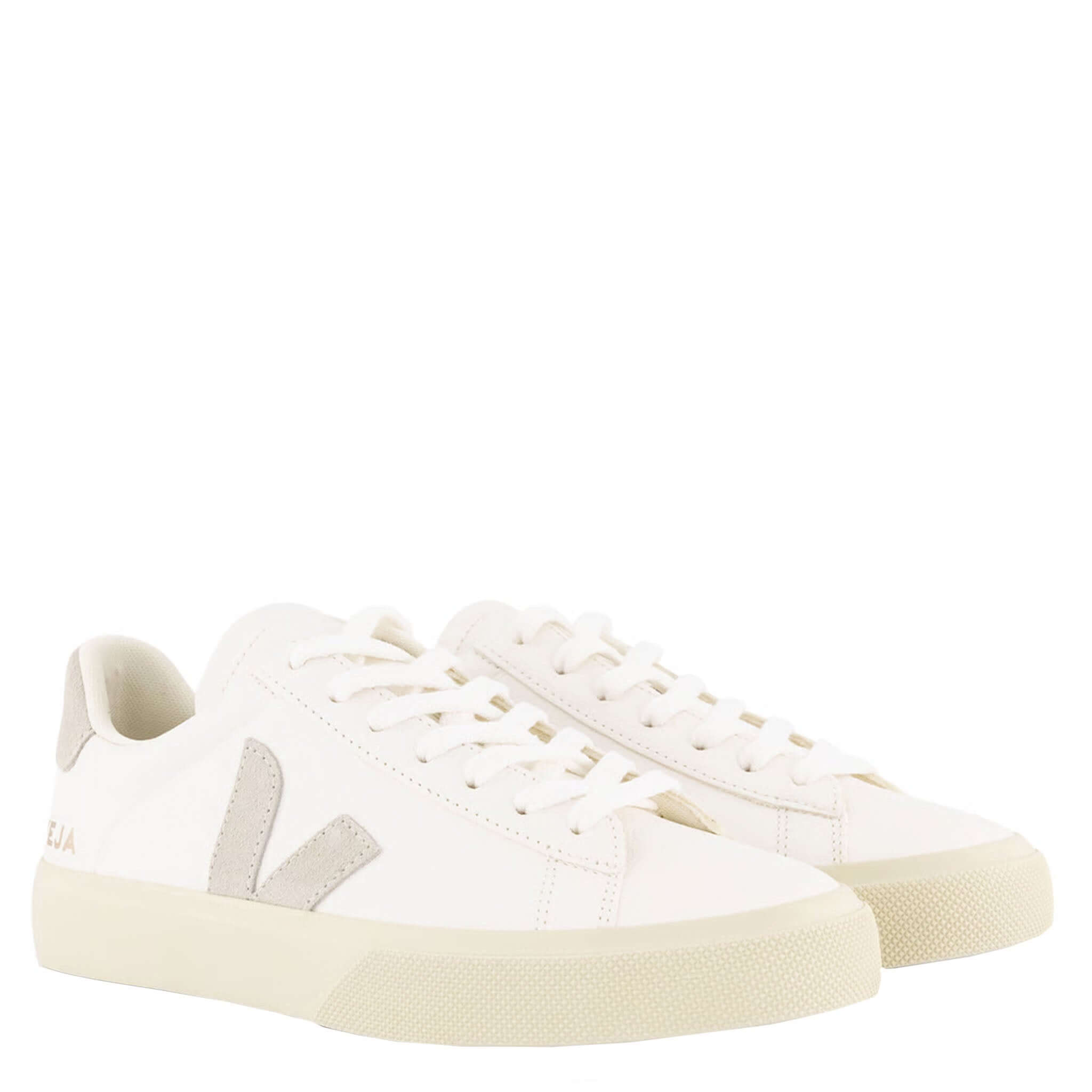 Veja Campo Women's Leather Sneakers - Extra White, Natural Suede, side view of white ChromeFree leather sneakers with natural suede V logo