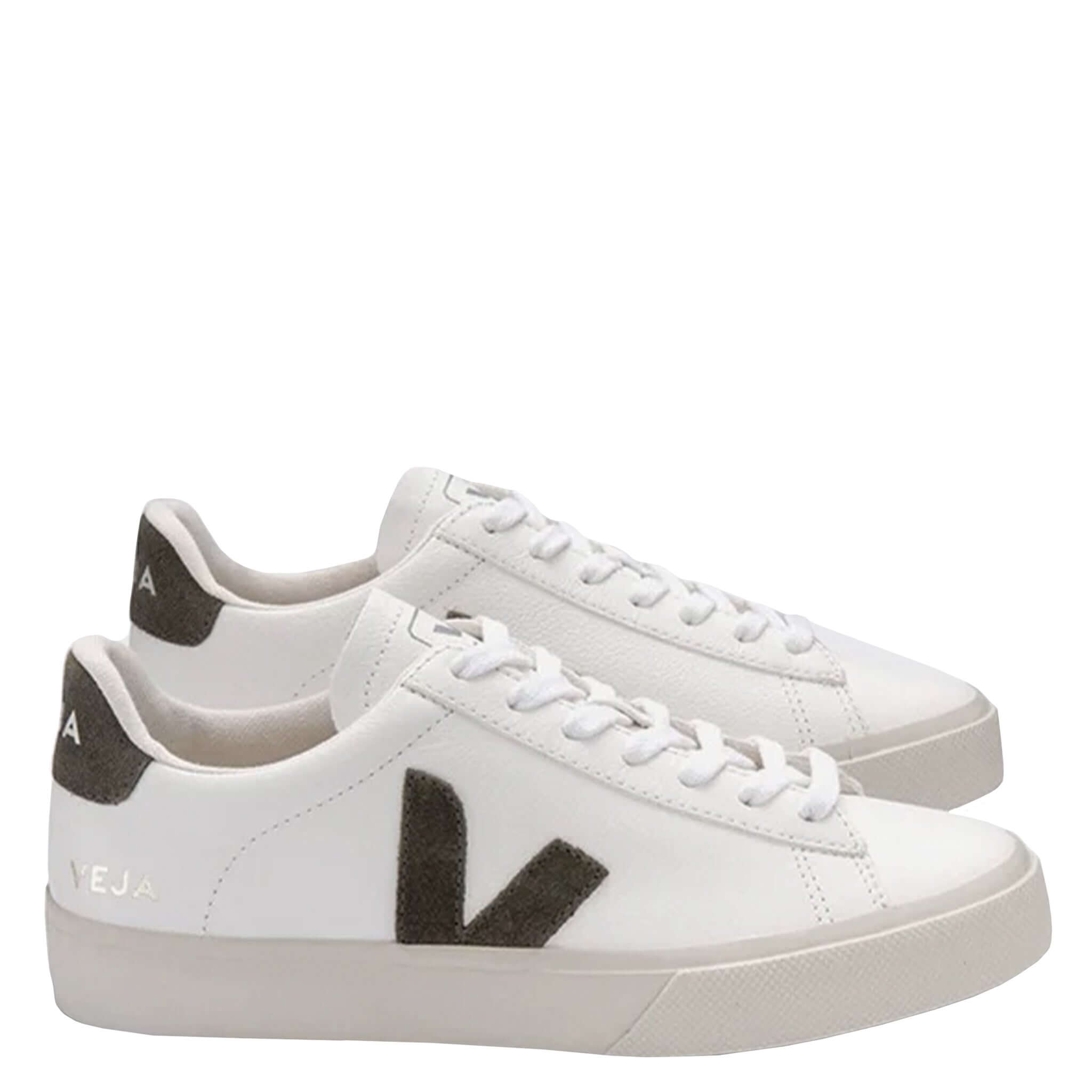 Alt Tag: Veja Campo Women's Leather Sneakers - Extra White, Khaki Suede side view, white leather sneakers with khaki suede V logo