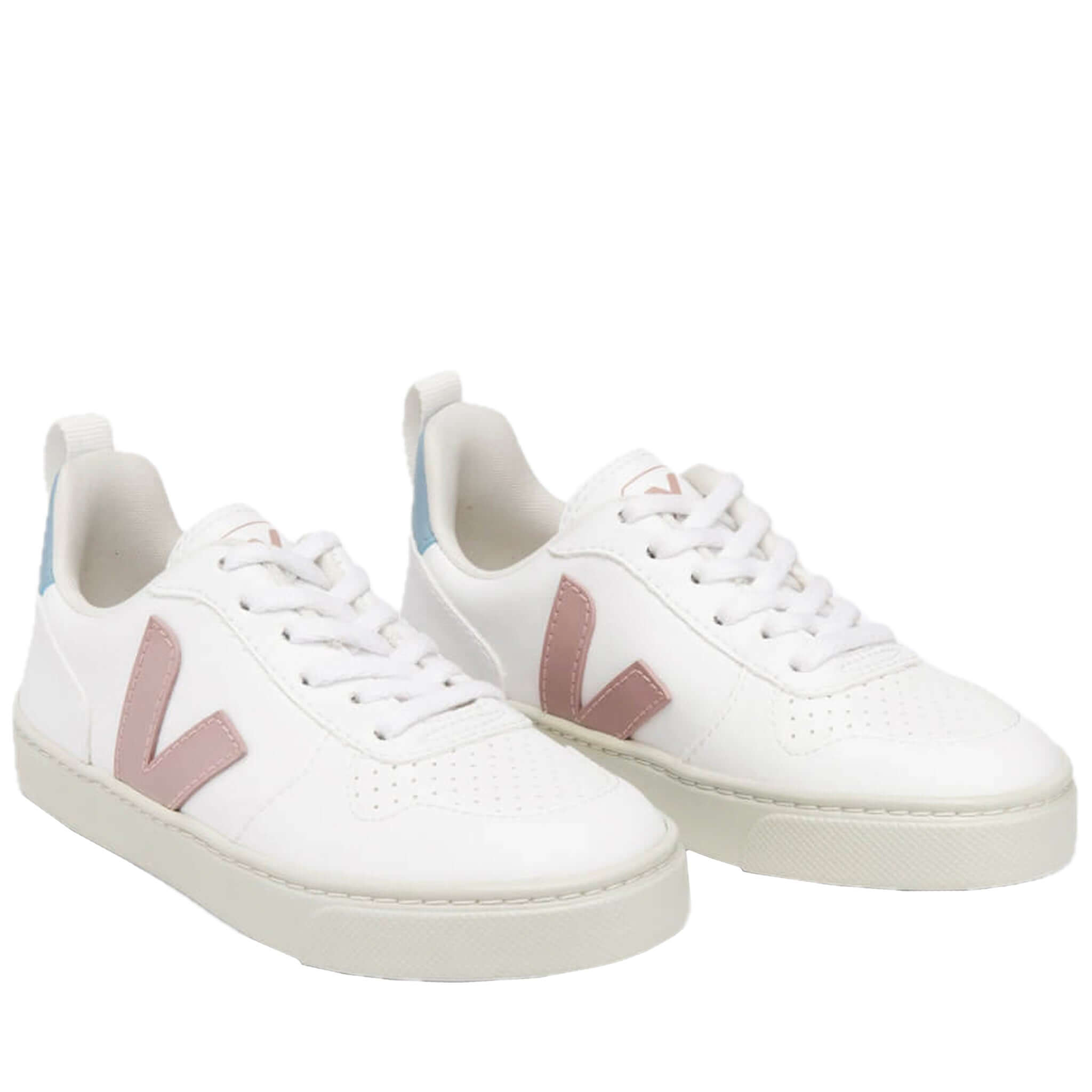 Veja Kid's Sneakers V-10 Laces - White, Babe, Steel white kids sneakers with blush V logo, pale blue heel tab, lace-up front