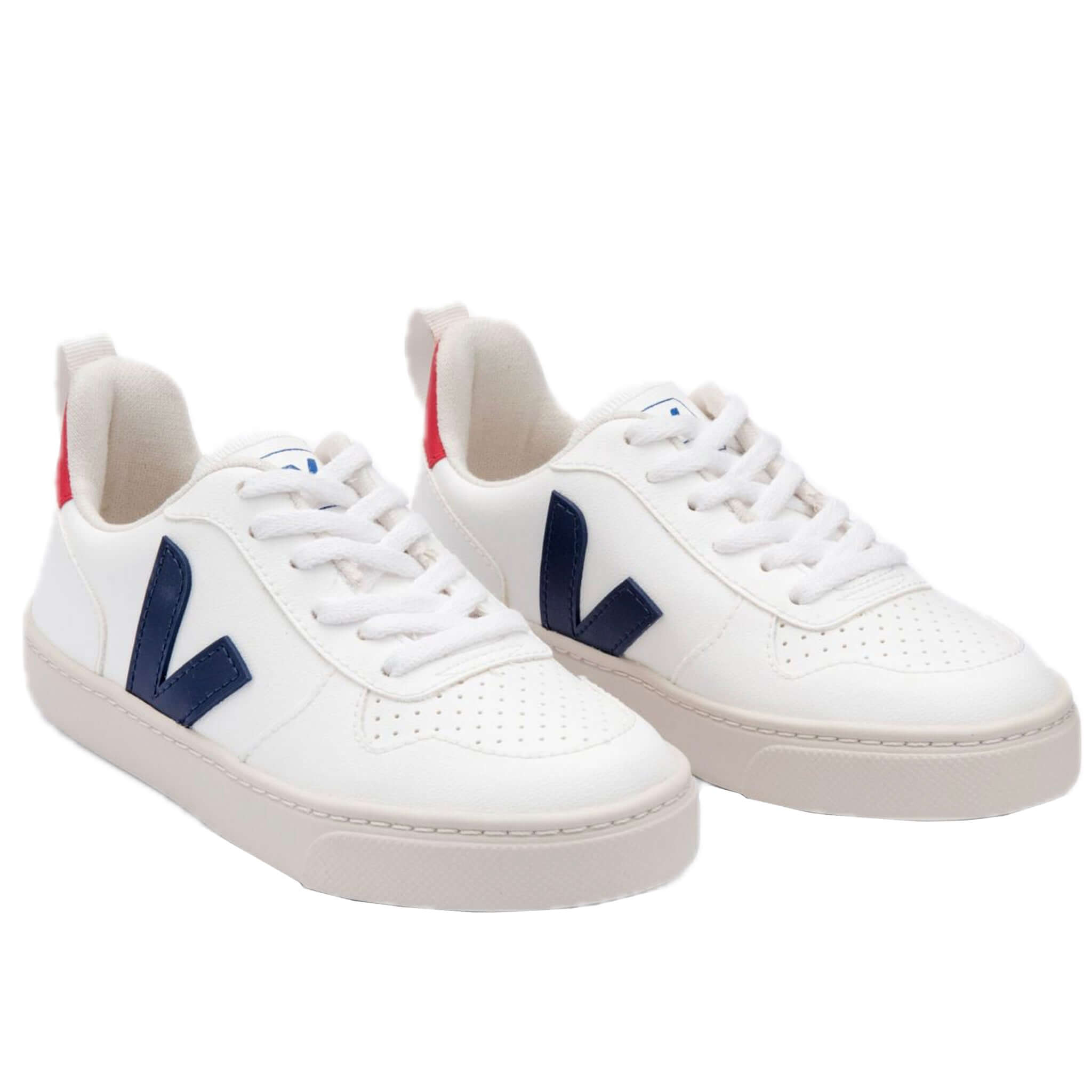 Alt Tag: Veja Kid's Sneakers V-10 Laces - White, Colbalt, Pekin white vegan kids sneakers with navy V logo and lace-up design