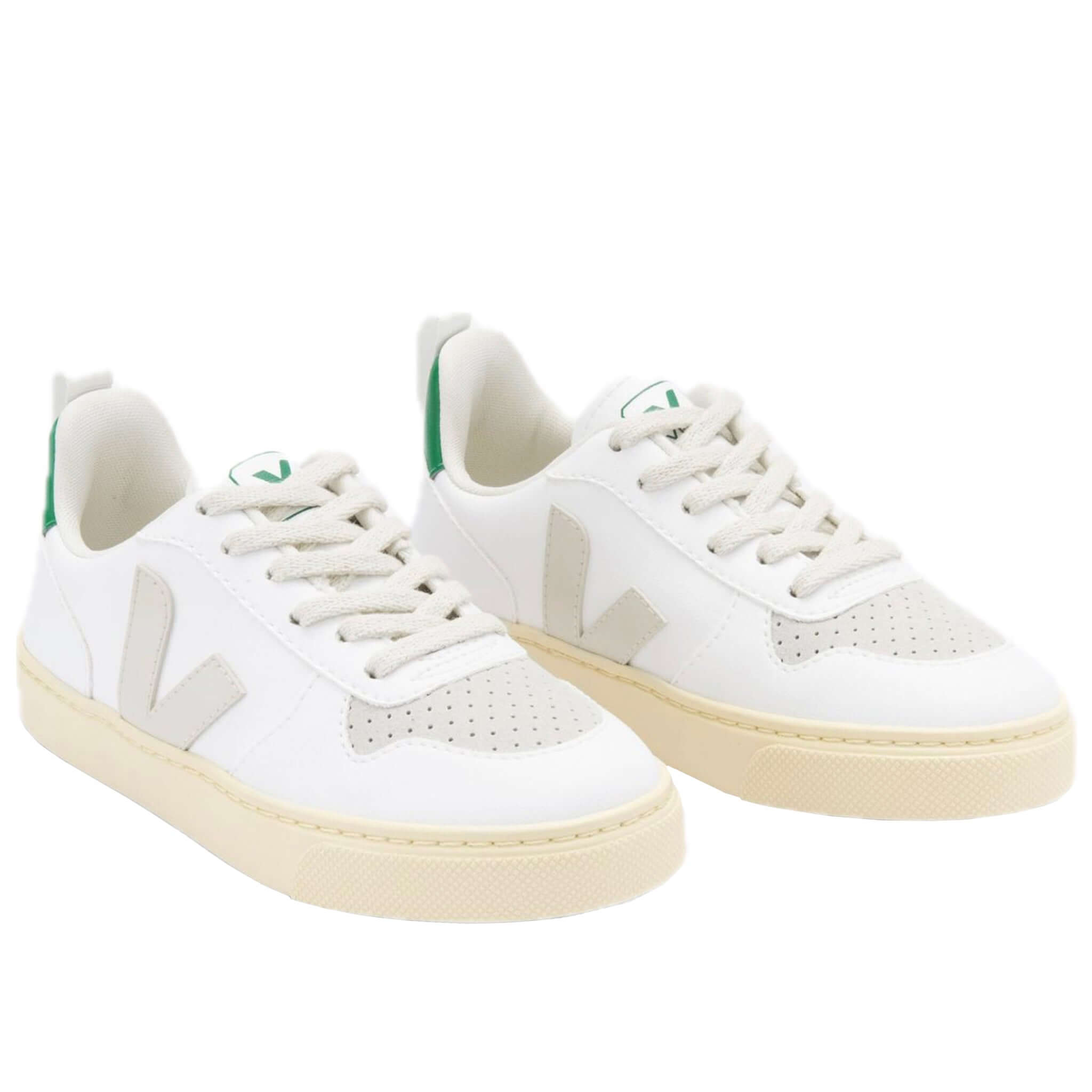 Alt Tag: Veja Kid's Sneakers V-10 Laces - White, Pierre, Emerald white kids trainers with laces, blush V logo and emerald heel tab