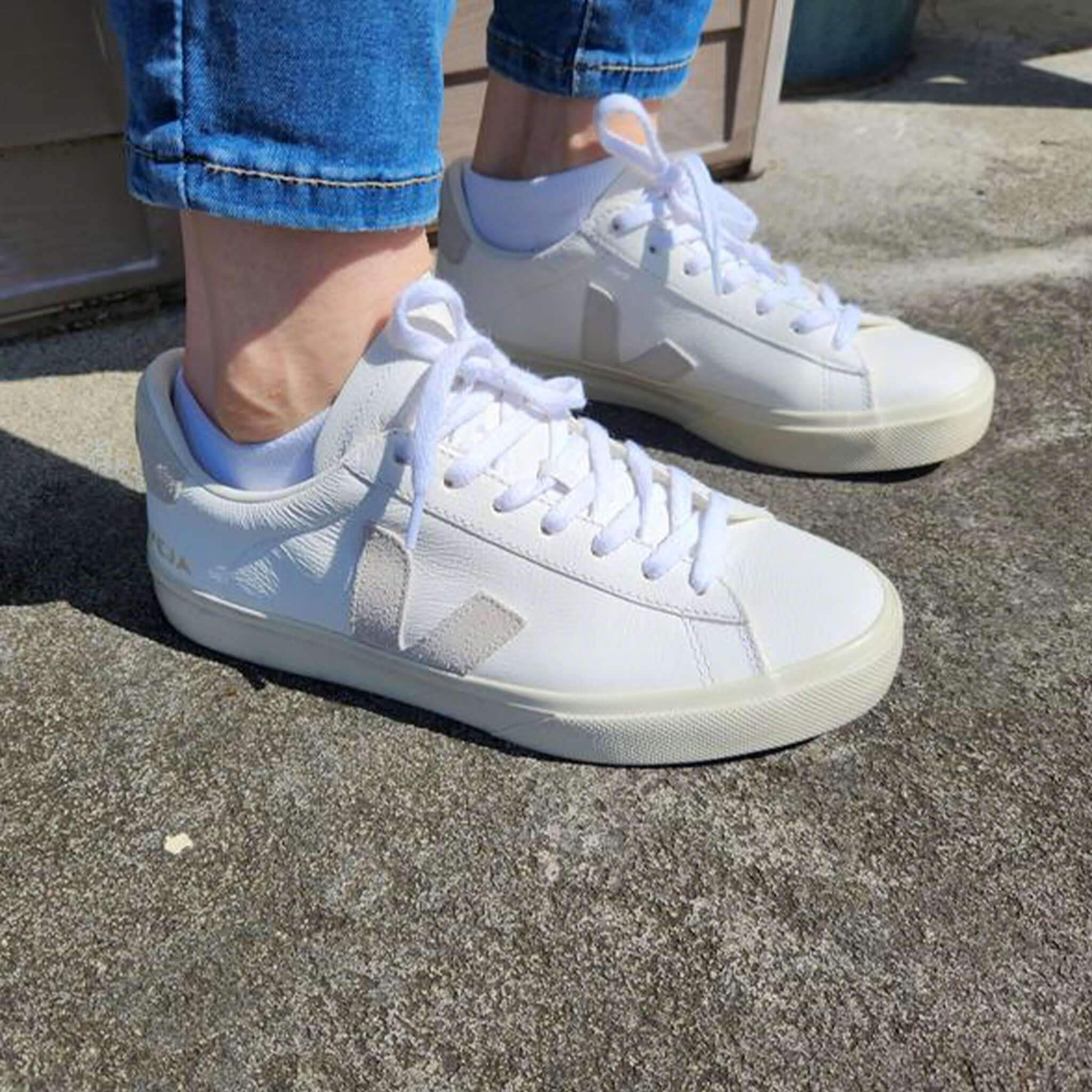 Alt Tag: Veja Campo Women's Leather Sneakers - Extra White, Natural Suede on feet, clean white leather low-top with natural suede detail