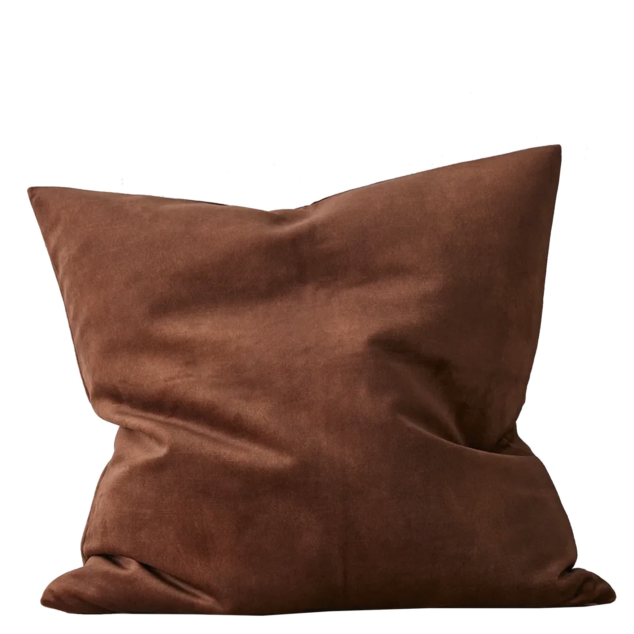 Brown velvet cushion on a white background.