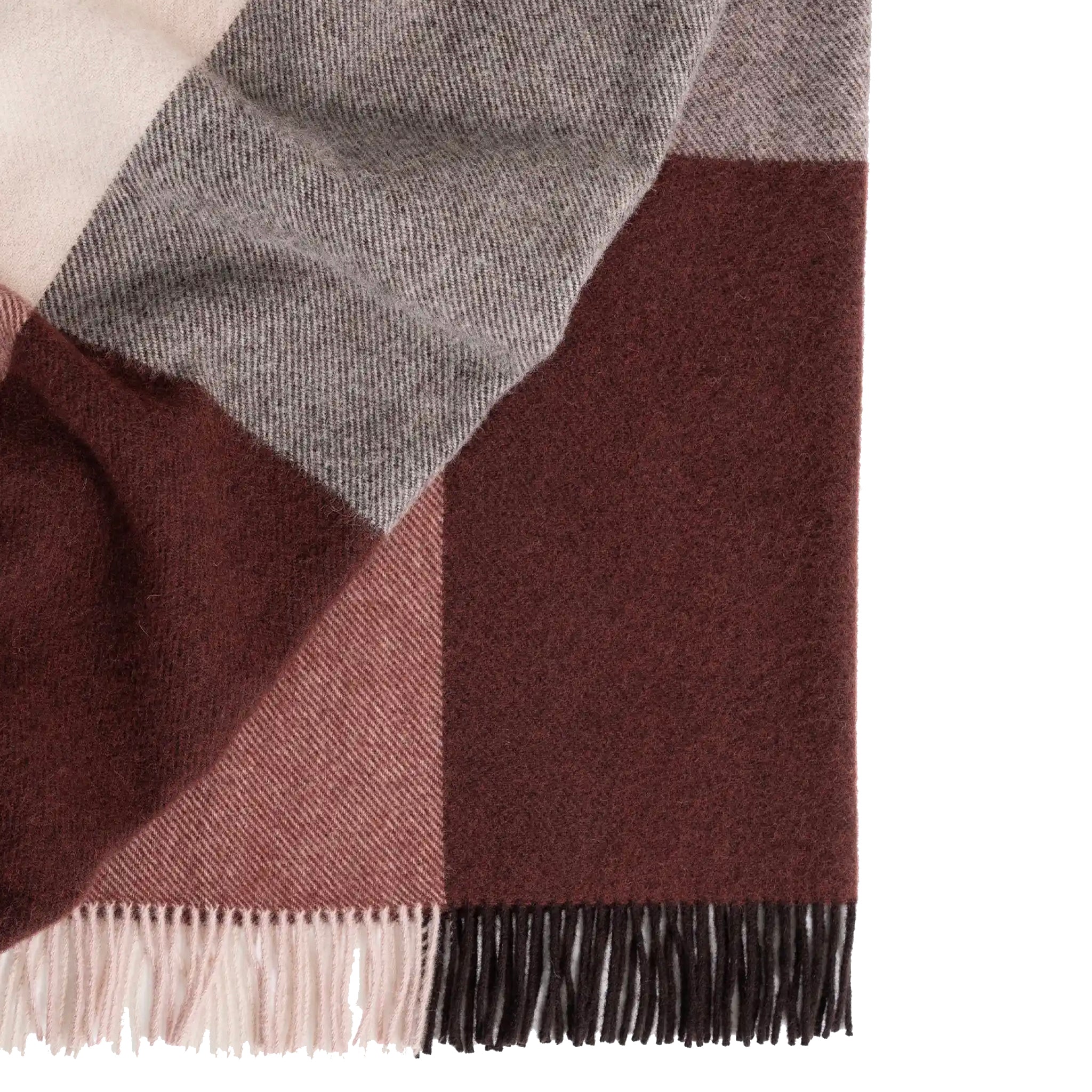 Plaid blanket with brown, gray, and beige colors on a white background