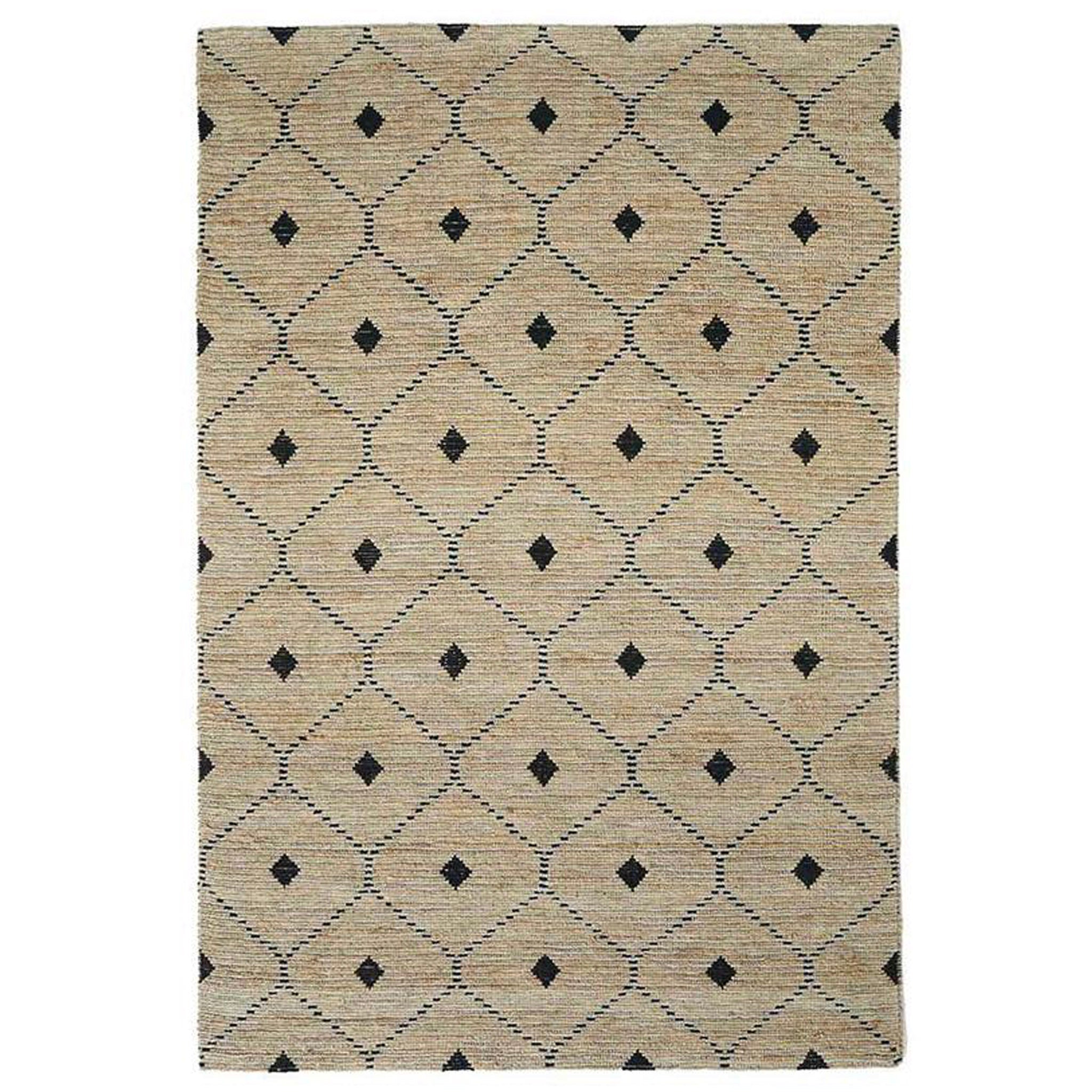 A rectangular, flatweave rug with a geometric pattern in beige and black