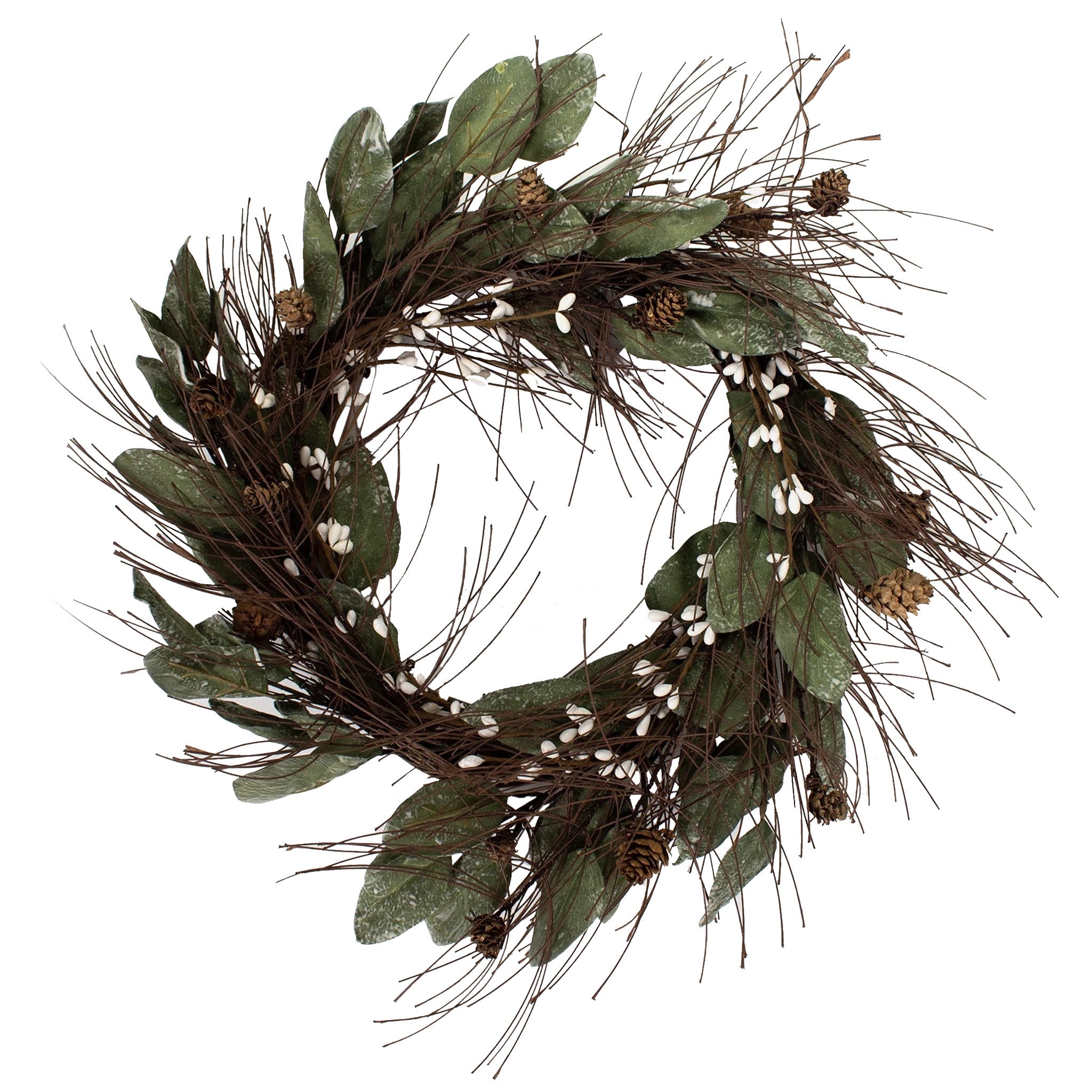 A round wreath decoration with green pine branches, brown pinecones, and white berry flowers.