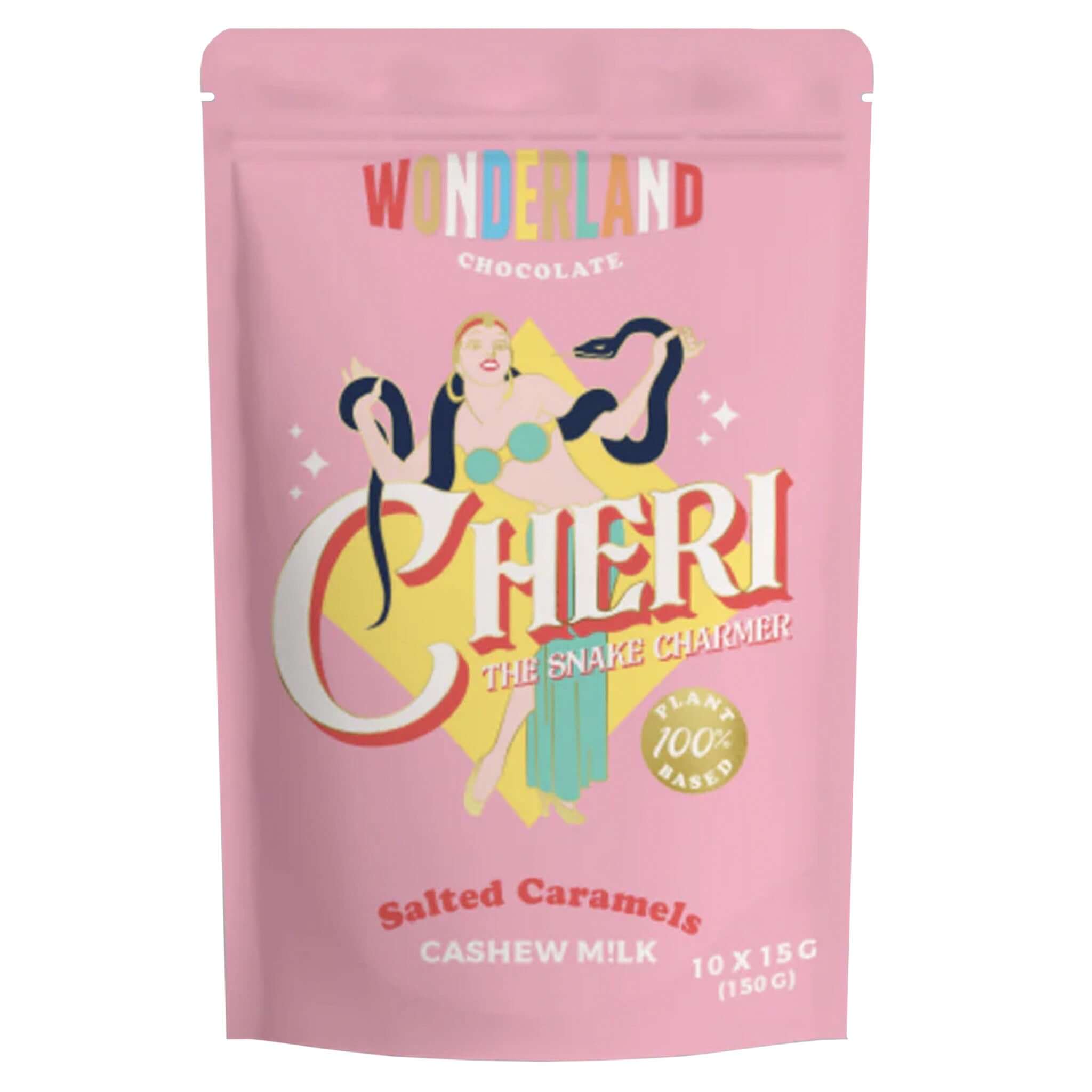 Alt Tag: Wonderland Chocolate Cheri The Snake Charmer 150g Cashew Milk Salted Caramels pink pouch vegan salted caramels cashew milk