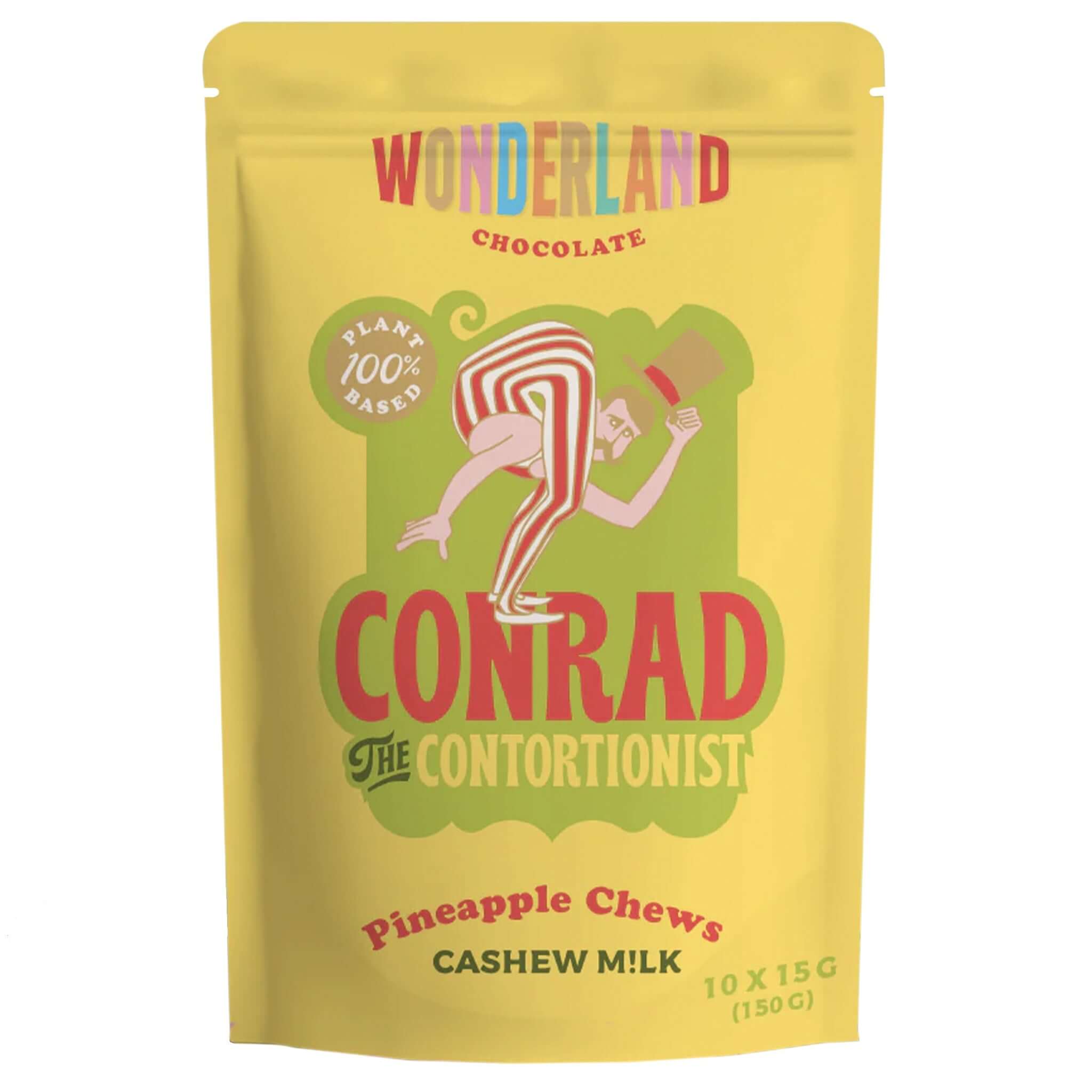 Alt Tag: Wonderland Chocolate Conrad the Contortionist - 150g Cashew Milk Pineapple Chews plant-based pineapple chews in cashew m!lk chocolate pouch