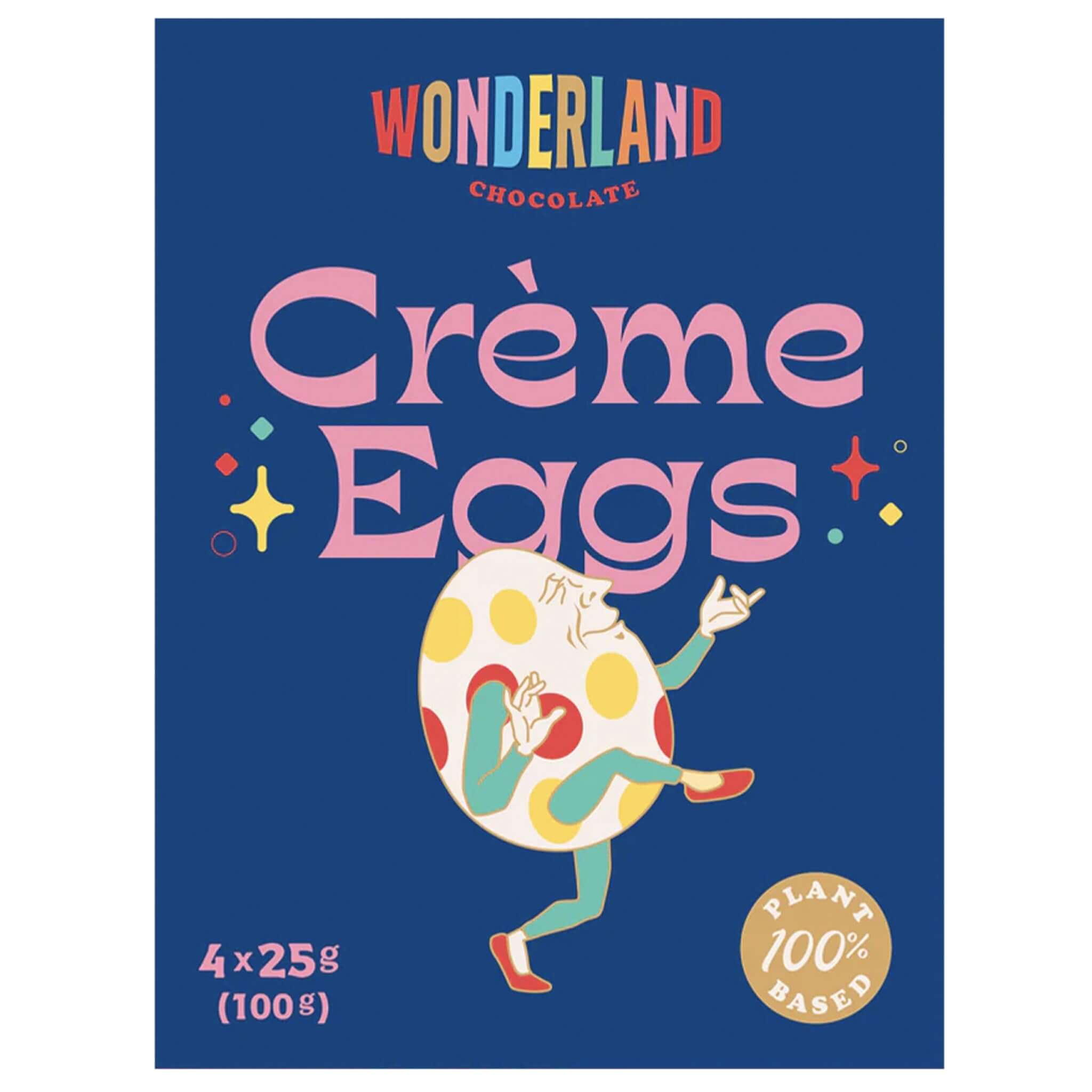 Alt Tag: Wonderland Chocolate Crème Eggs - 100g Cashew Milk Chocolate box, plant-based crème eggs in cashew m!lk chocolate, 4x25g