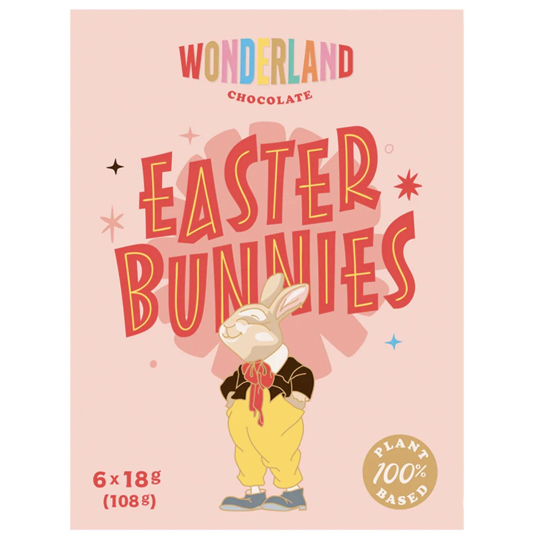 Alt Tag: Wonderland Chocolate Easter Bunnies - 108g Cashew Milk Chocolate box front, plant-based Easter bunny treats 6x18g (108g)