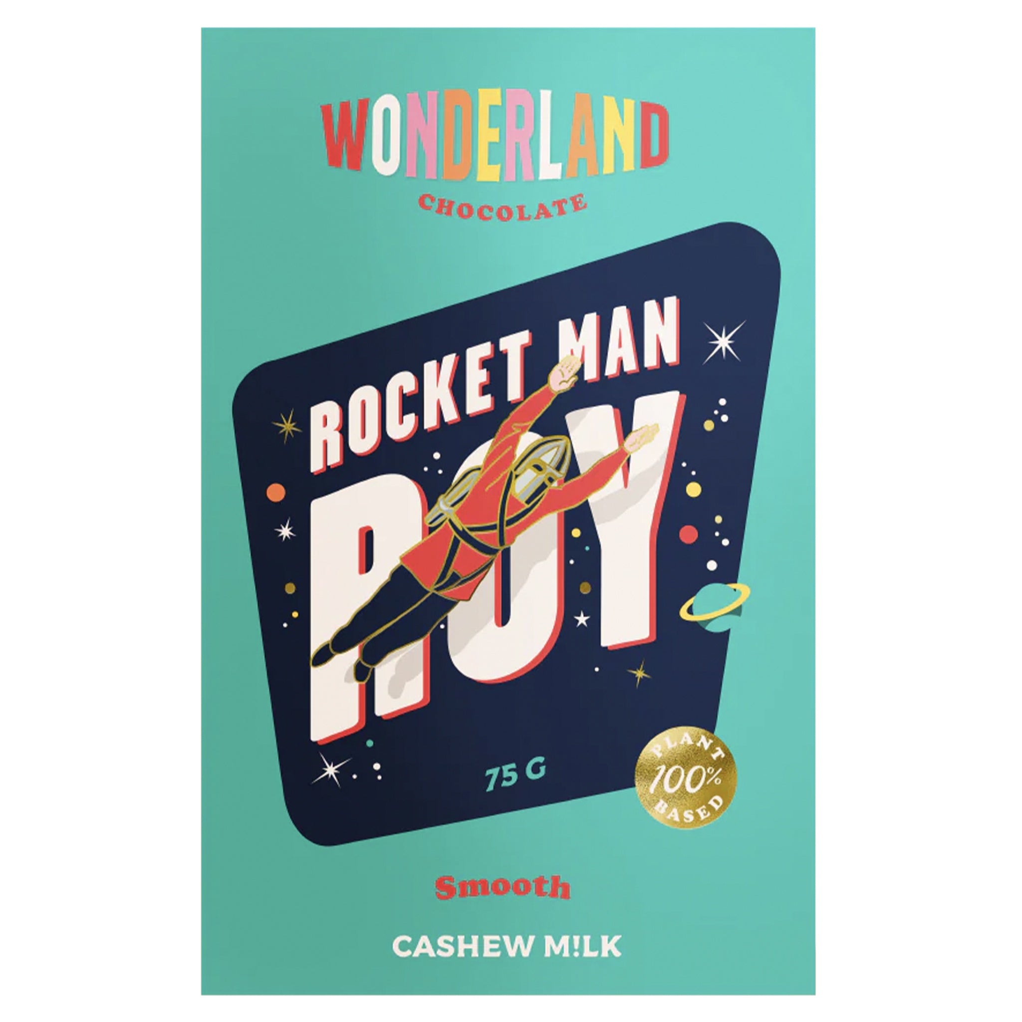 Chocolate bar packaging with 'Rocket Man Roy' design on a teal background