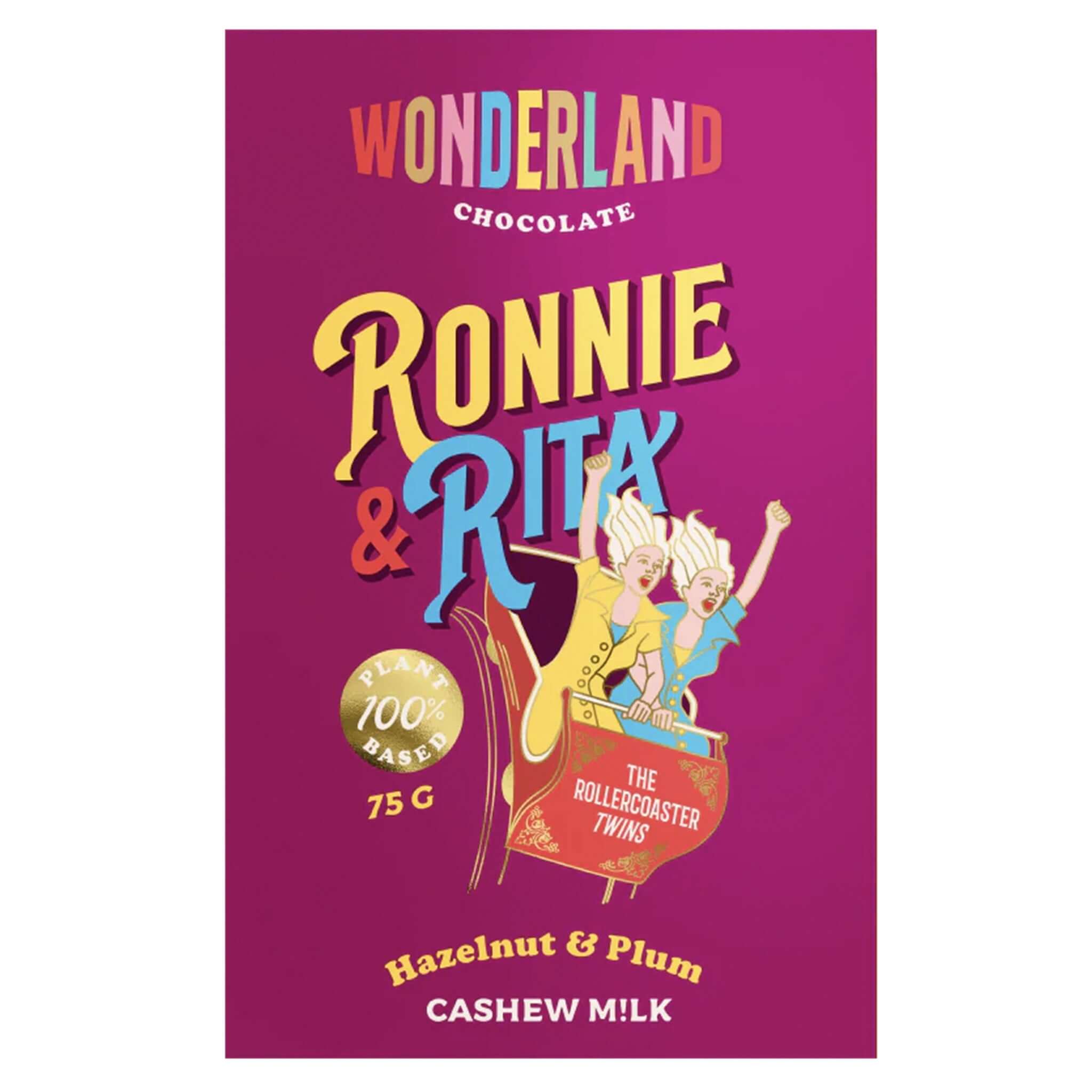 Chocolate packaging with 'Ronnie & Rita' design on a purple background