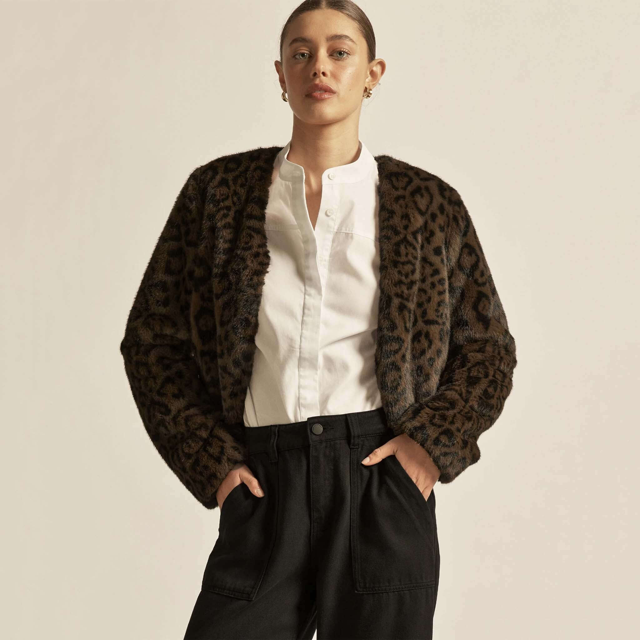 Alt Tag: Zoe Kratzmann Dune Jacket - Ocelot plush faux fur ocelot print cropped V-neck jacket on model