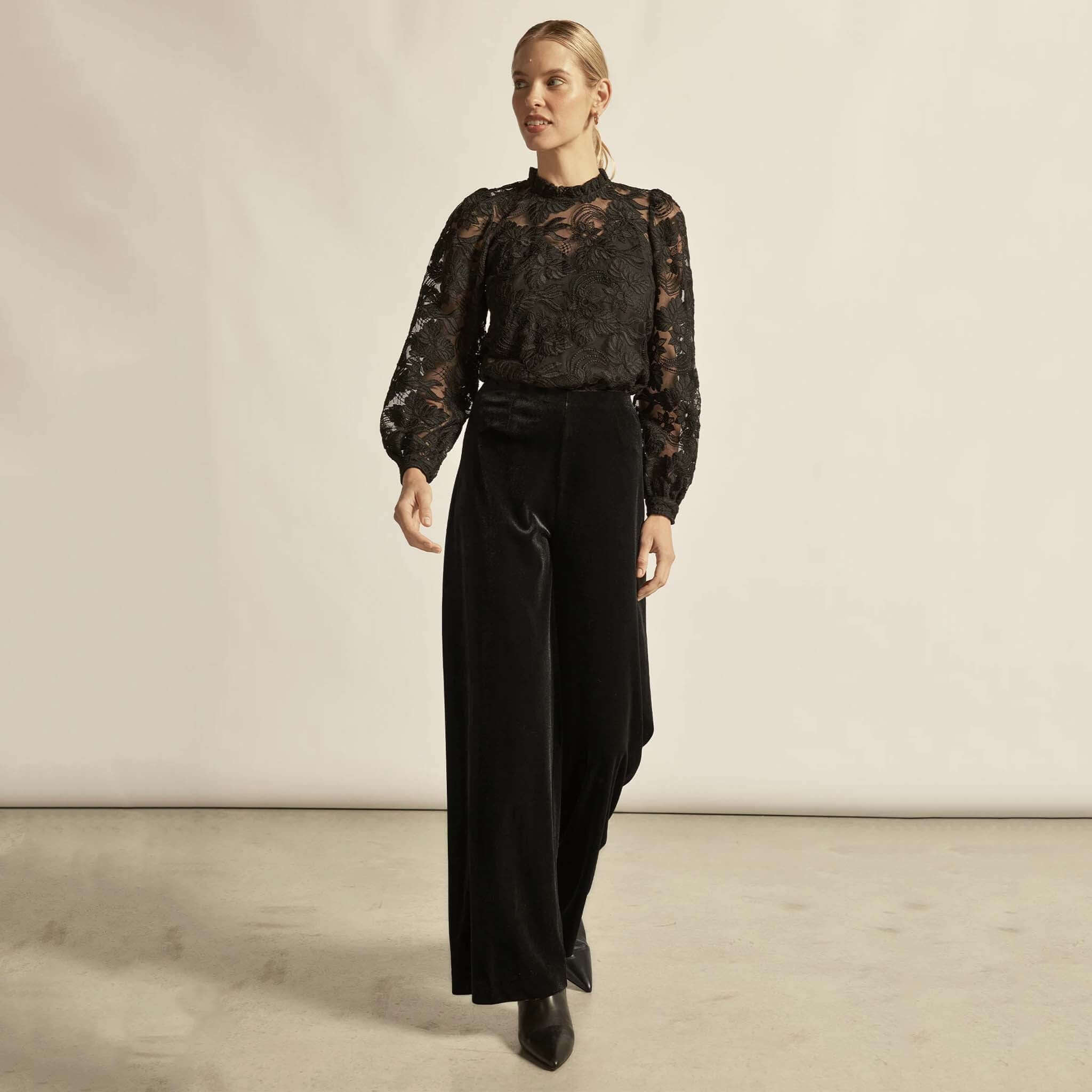 Alt Tag: Zoe Kratzmann Haven Pants - Black velvet-feel wide-leg pants on model, soft waistband and polished modern silhouette
