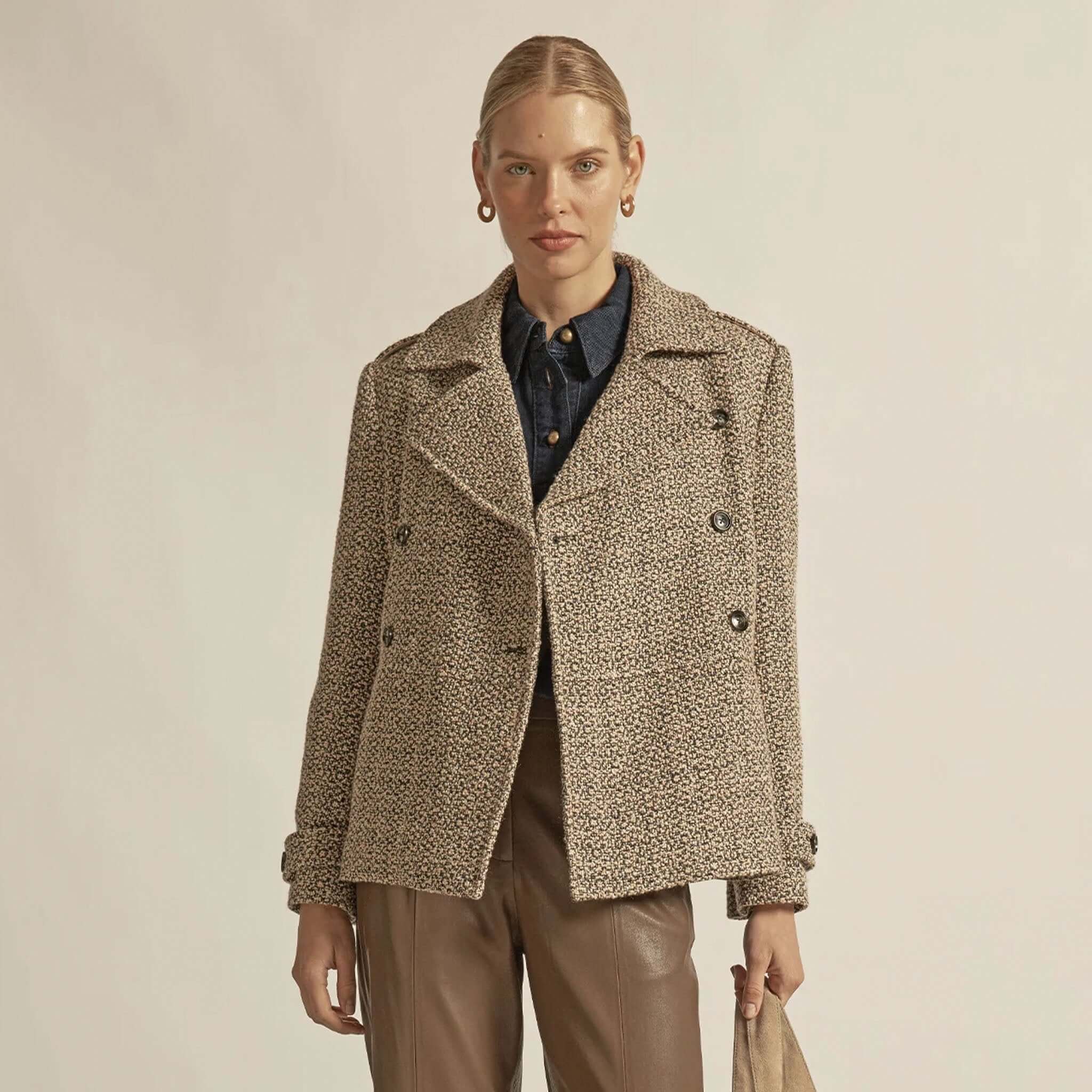 Alt Tag: Zoe Kratzmann Revel Coat - Shell wool blend oversized boxy coat in shell, double-breasted winter outerwear on model