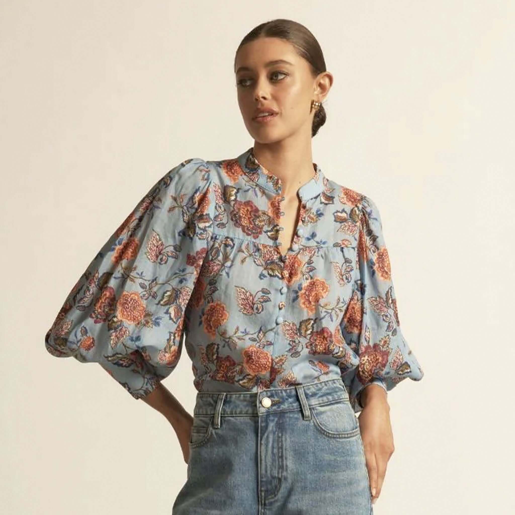 Alt Tag: Zoe Kratzmann Vista Top - Twilight Bloom floral ramie blouse in cool blue with mandarin collar, gathered yoke and blouson sleeves