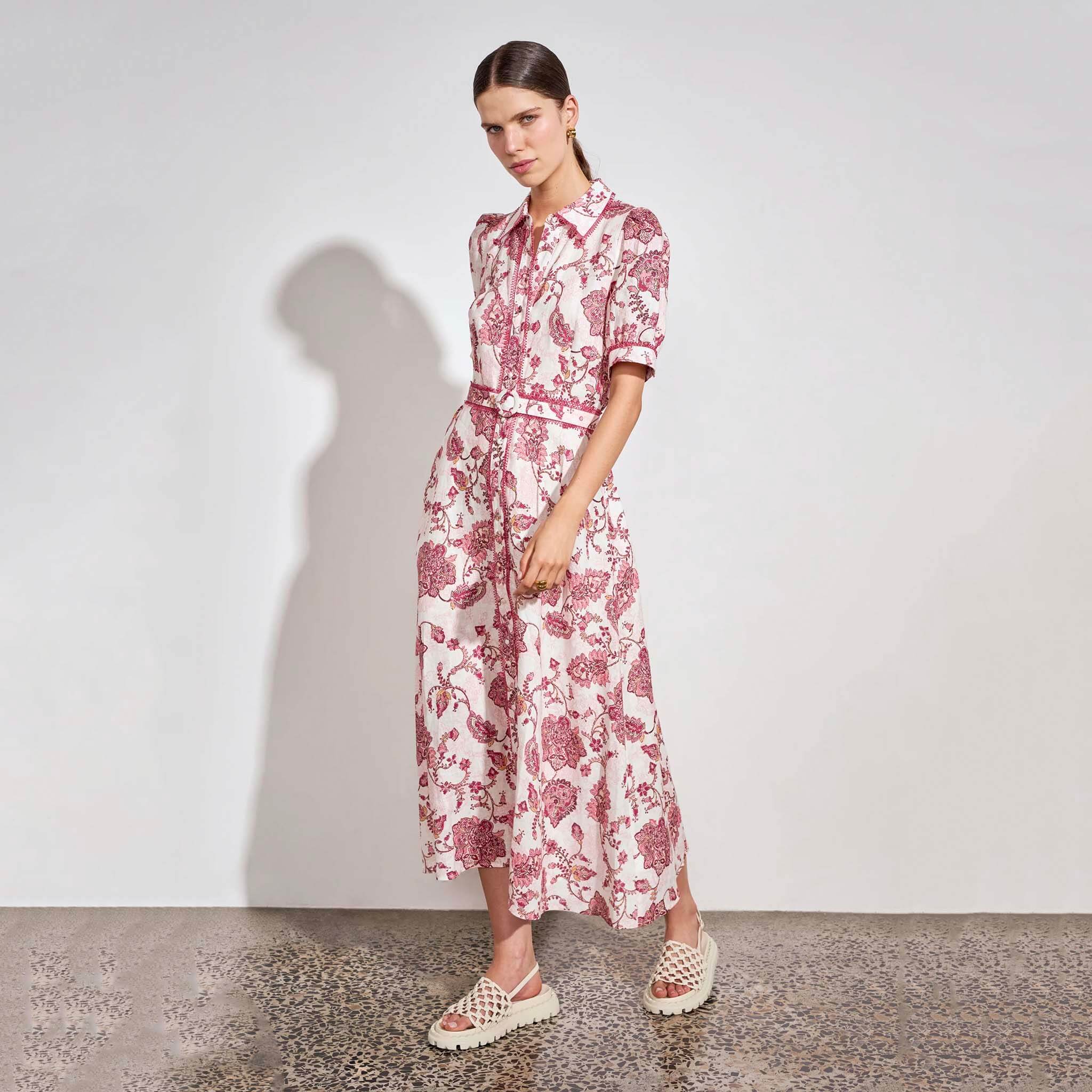 Zoe Kratzmann Admire Dress - Rose Paisley worn by model, featuring a bold paisley print and delicate lace trim.