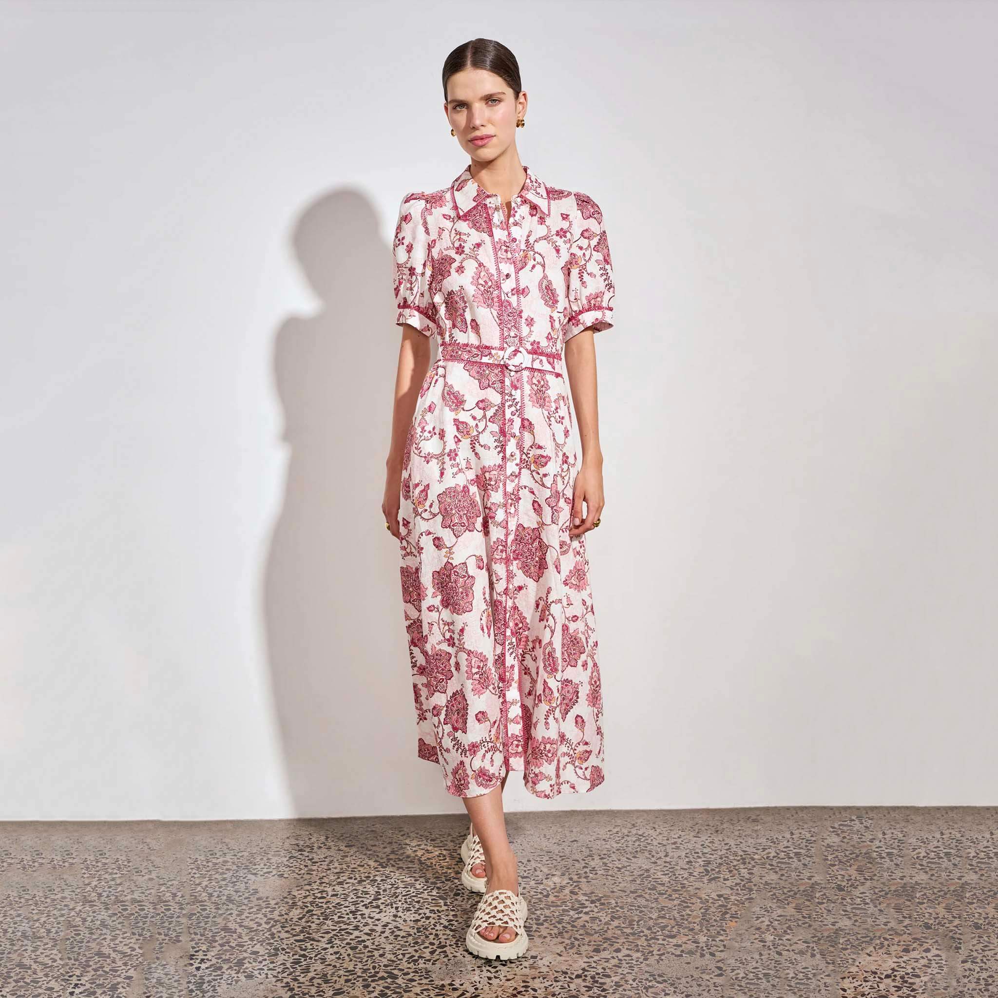 Zoe Kratzmann Admire Dress - Rose Paisley modeled by a woman, featuring a pink paisley print and lace trim.
