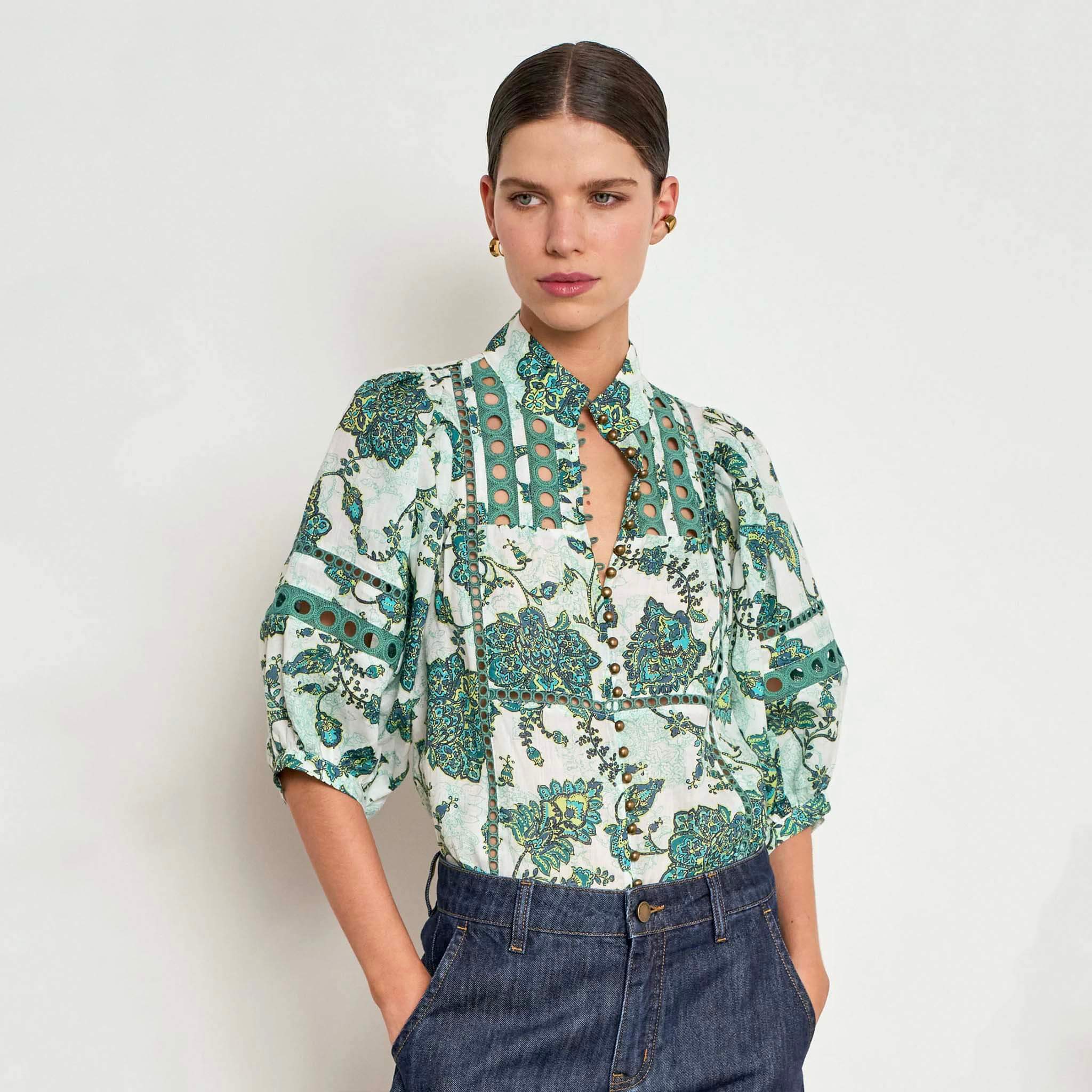 Zoe Kratzmann Extend Top - Garden Paisley featuring eyelet inserts and a high mandarin collar.