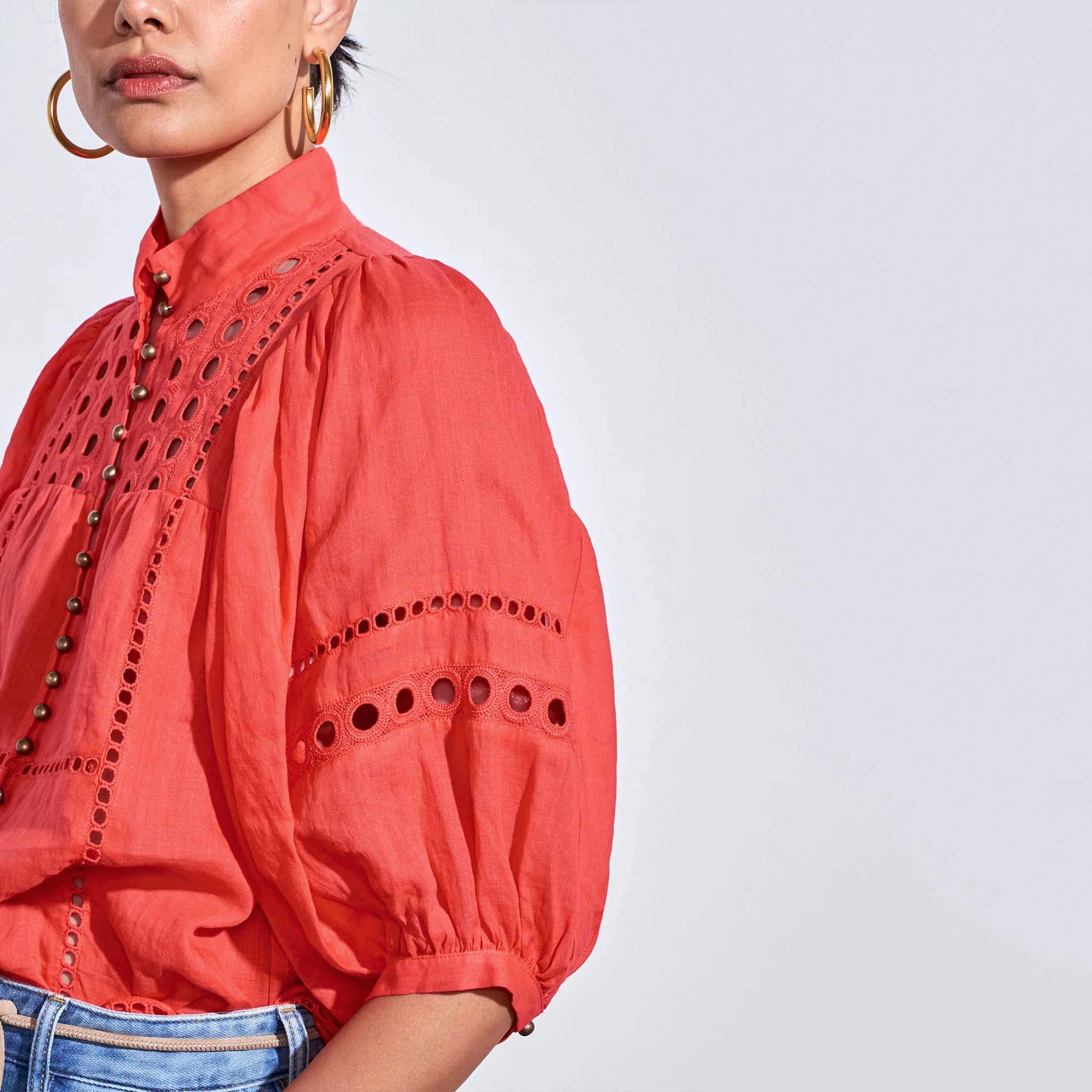 Zoe Kratzmann Extend Top - Papaya featuring circular eyelet inserts and a high mandarin collar.