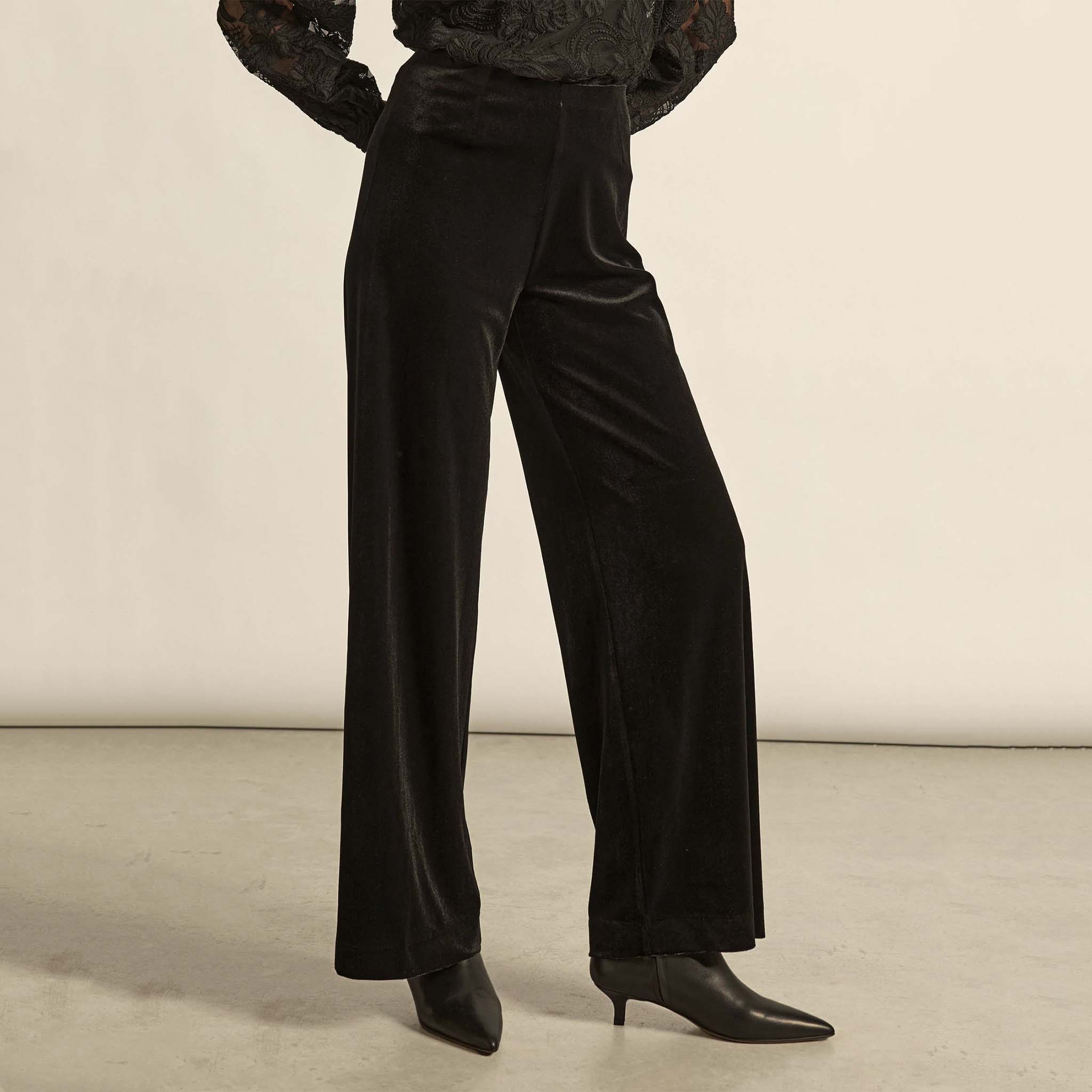 Alt Tag: Zoe Kratzmann Haven Pants - Black velvet-feel wide-leg pants with soft waistband, front view