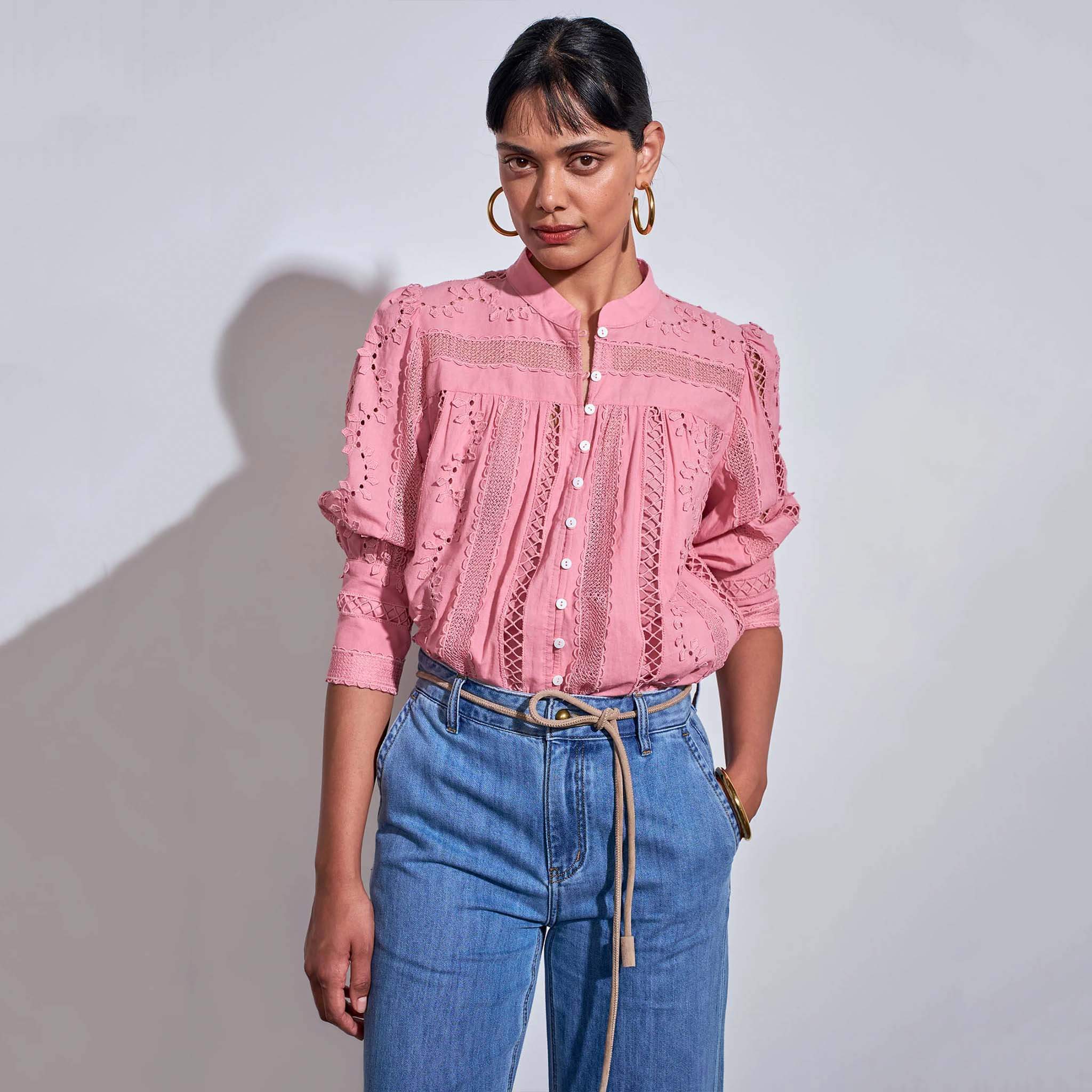 Zoe Kratzmann Ravel Top - Bloom with lace inserts and floral detailing, styled with blue jeans.