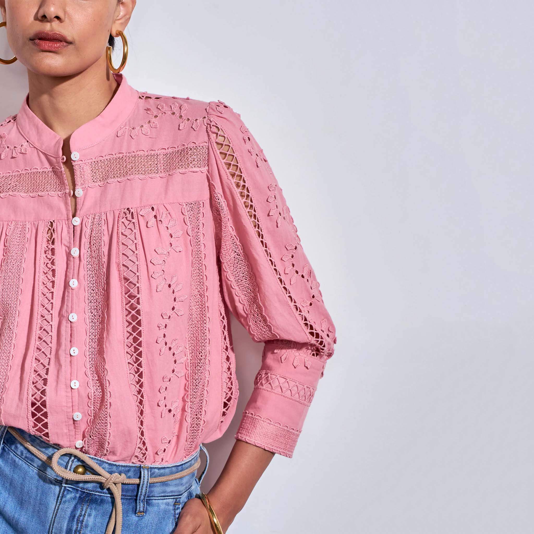 Zoe Kratzmann Ravel Top - Bloom featuring lace inserts and floral embroidery in soft pink color.