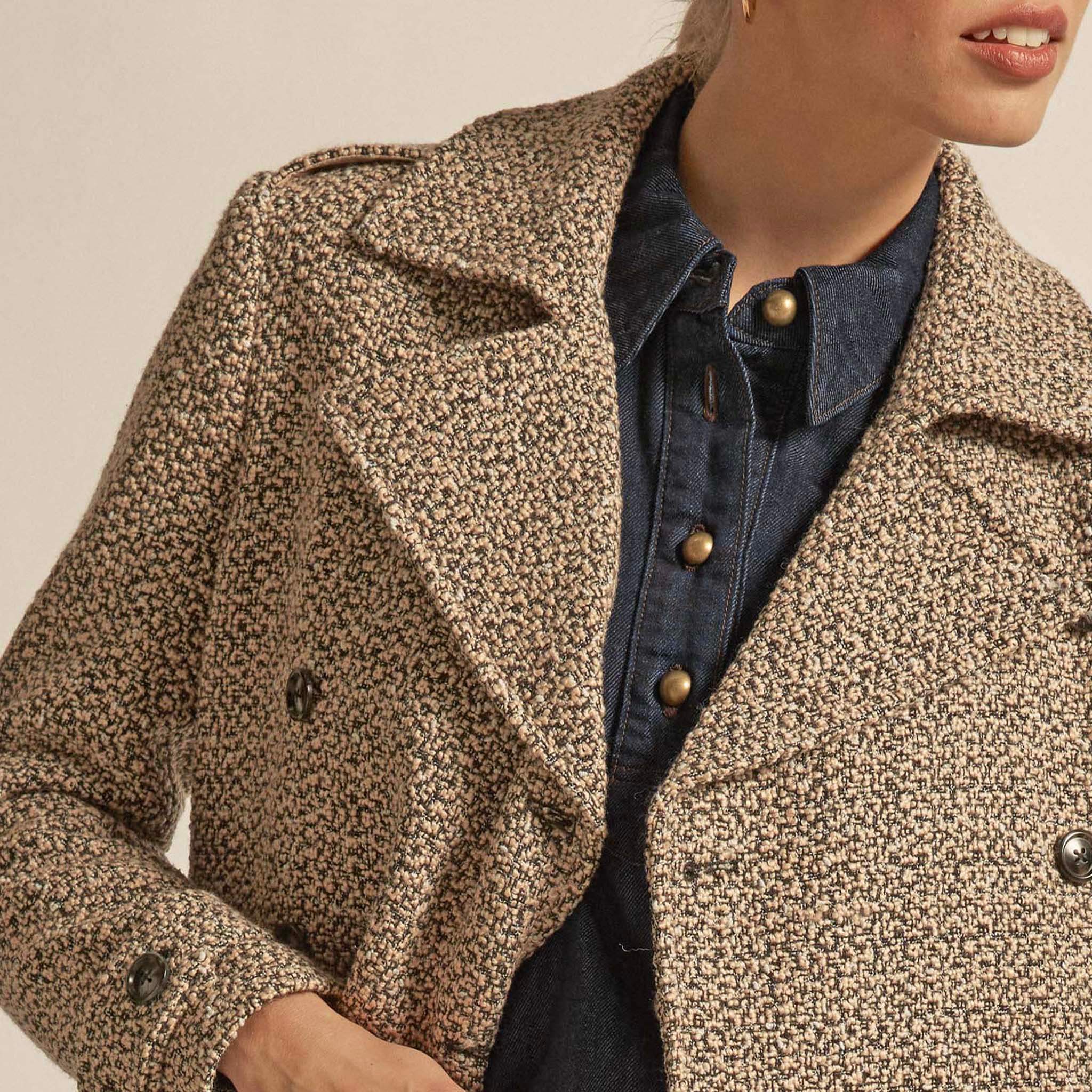 Alt Tag: Zoe Kratzmann Revel Coat - Shell wool blend oversized boxy coat in neutral tweed, styled over denim shirt
