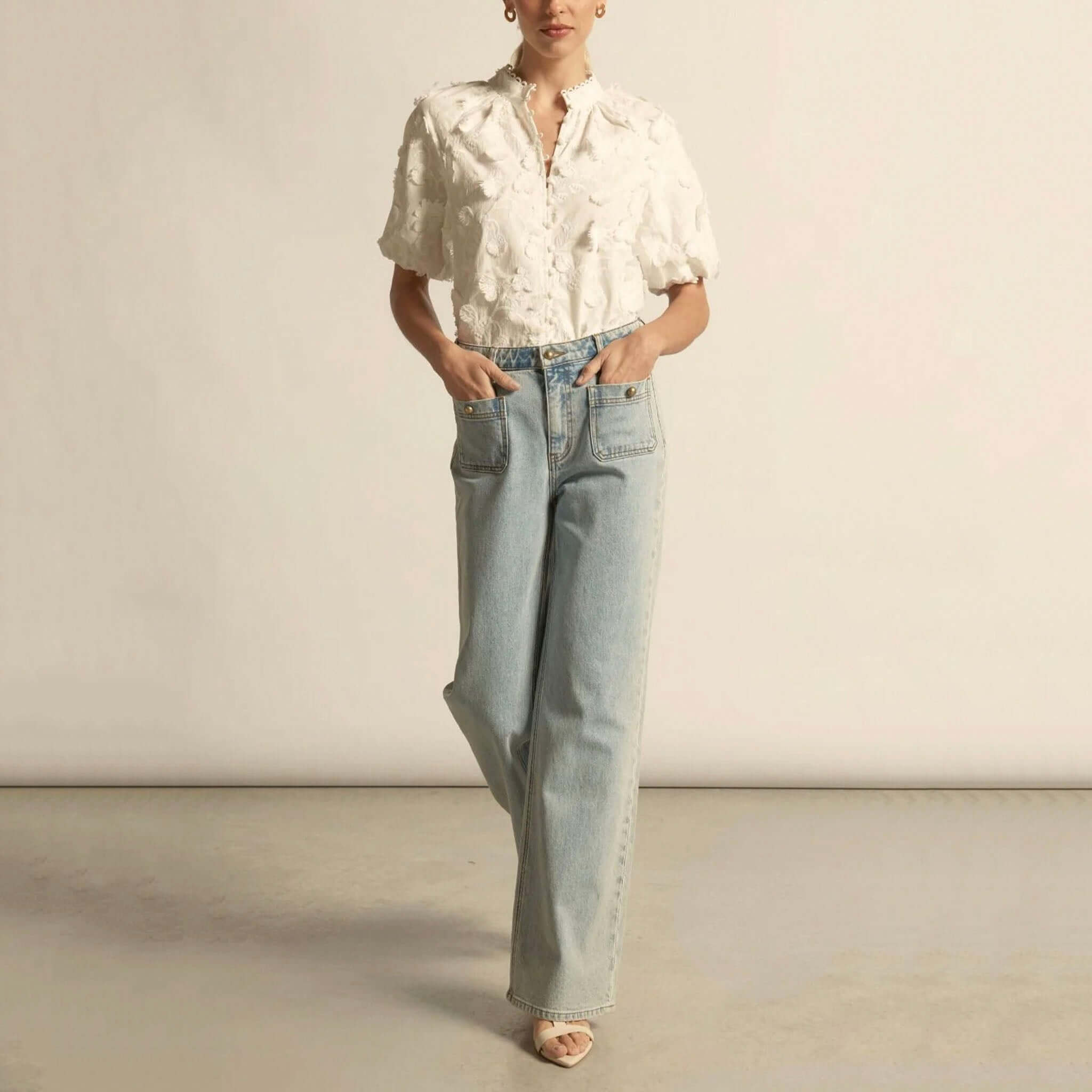 Alt Tag: Zoe Kratzmann Solstice Top - Porcelain 3D floral broderie high neck scalloped lace trim elbow-length blouson sleeves