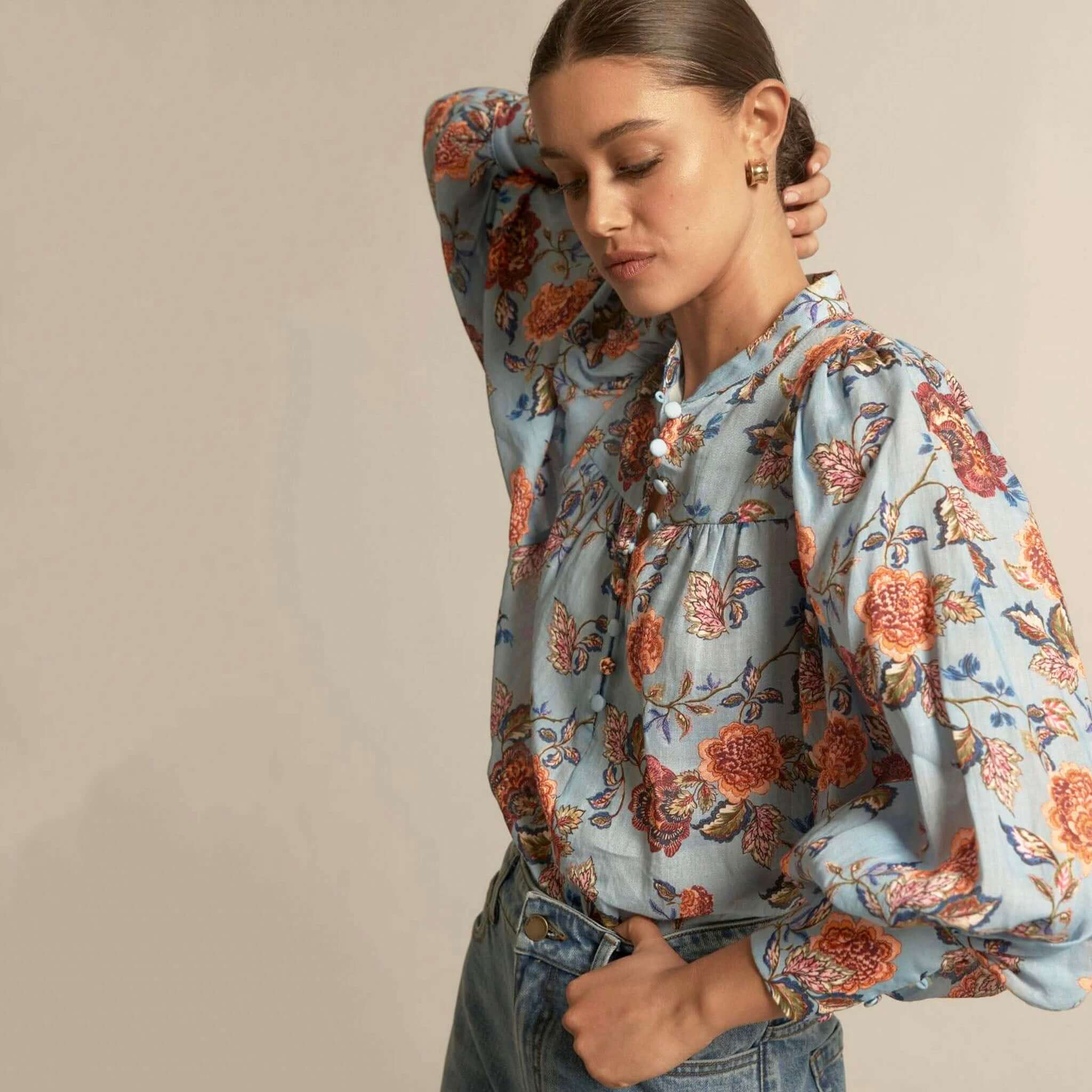 Alt Tag: Zoe Kratzmann Vista Top - Twilight Bloom floral ramie blouse with mandarin collar and blouson sleeves in blue