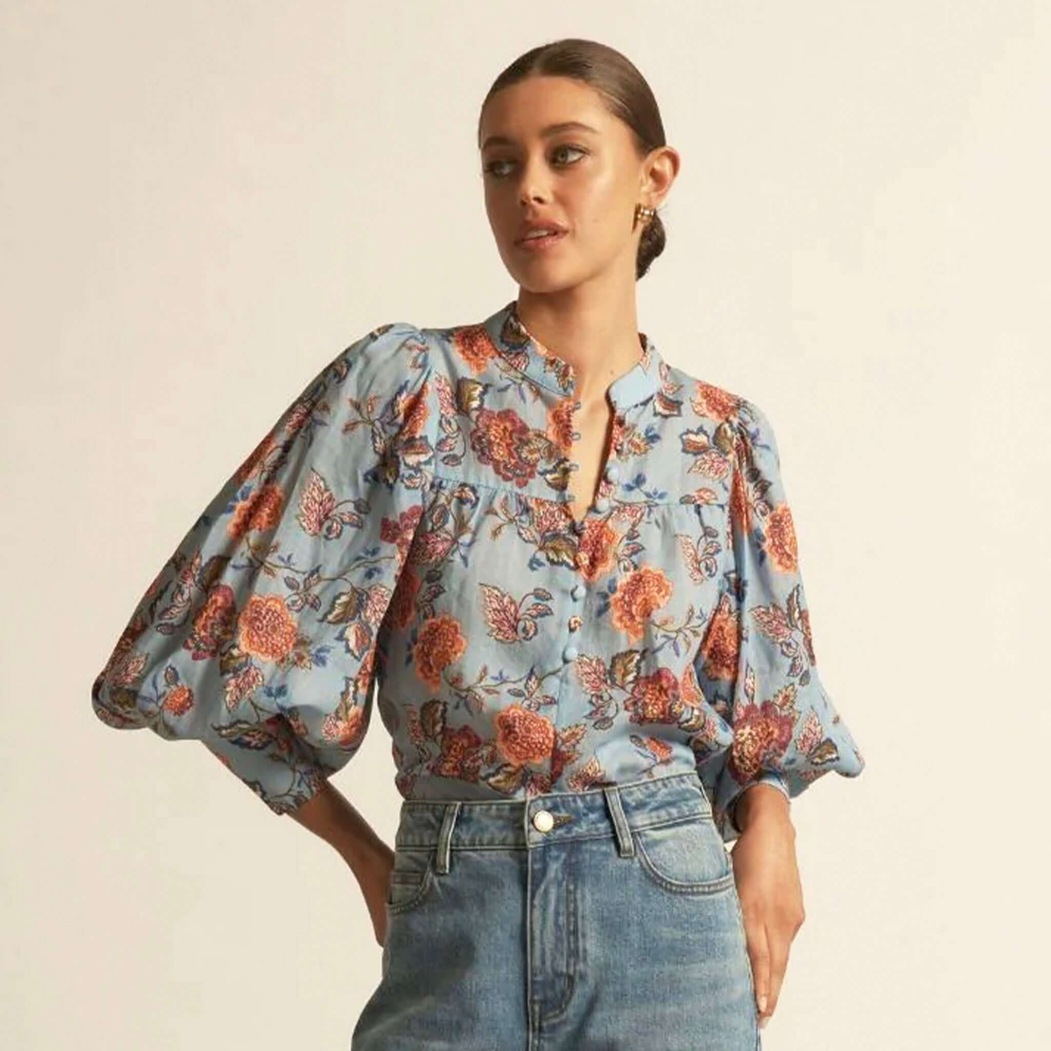 Zoe Kratzmann Vista Top - Twilight Bloom floral ramie blouse in cool blue with mandarin collar and blouson sleeves