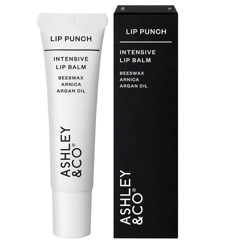 Alt Tag: Ashley & Co Lip Punch Intensive Lip Balm tube and box with beeswax, arnica and argan oil, 15ml natural lip balm made in NZ