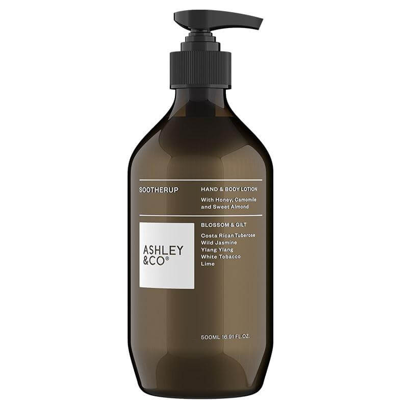 Alt Tag: Ashley & Co SootherUp Hand & Body Lotion Blossom & Gilt pump bottle nourishing botanical hand and body lotion