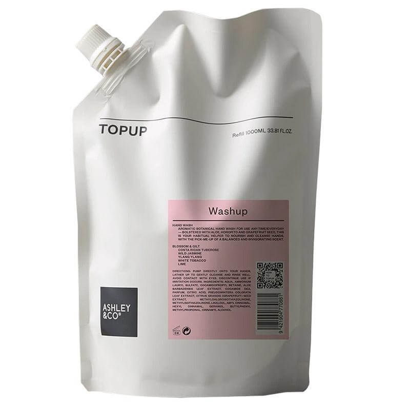 Alt Tag: Ashley & Co TopUp Washup Natural Antiseptic Hand Wash 1L refill pouch - PH-balanced soap-free eco hand wash with organic borage oil