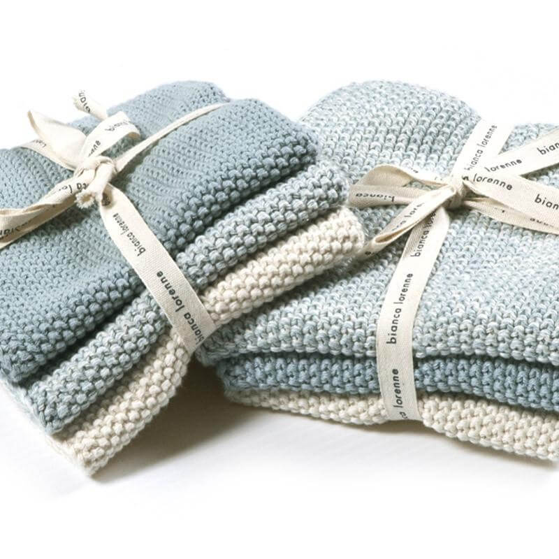 Alt Tag: Bianca Lorenne Knitted Cotton Wash Cloth Set - Lavette Duck Egg Blue set of 3 knitted cotton washcloths in duck egg blue melange