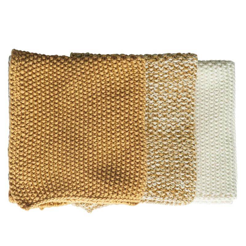 Alt Tag: Bianca Lorenne Knitted Cotton Wash Cloth Set - Lavette Ochre set of 3 knitted cotton washcloths in ochre, beige and white melange