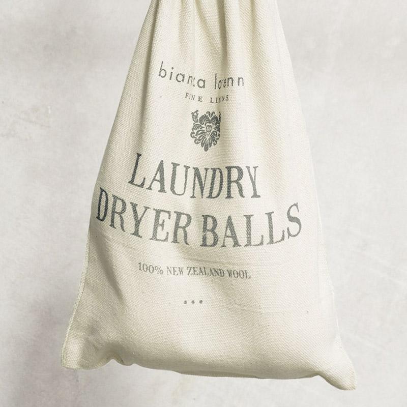 Alt Tag: Bianca Lorenne Laundry Ball Set felted wool dryer balls in cotton bag, energy-saving moisture absorbing fair trade set of 3