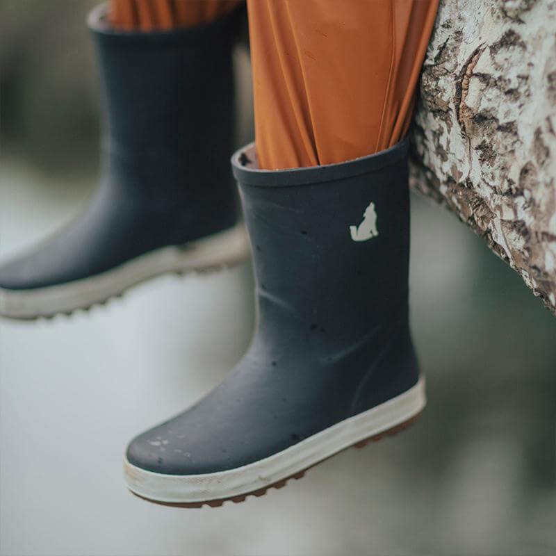 Alt Tag: Crywolf Rain Boots - Black kids waterproof natural rubber gumboots with high-grip tread and cotton lining