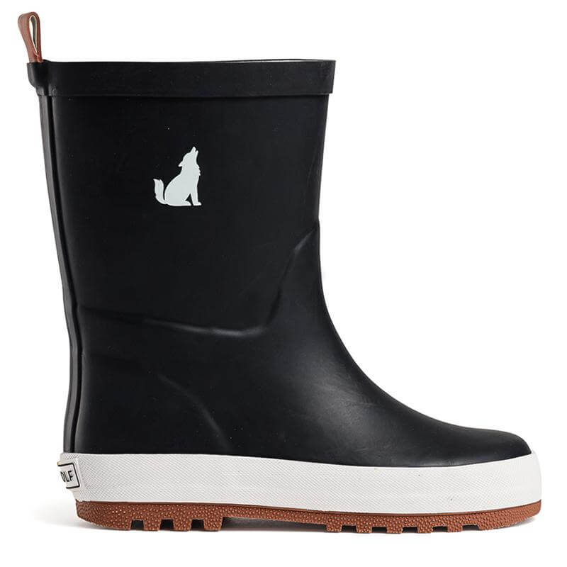 Alt Tag: Crywolf Rain Boots - Black kids waterproof natural rubber gumboots with high-grip tread and cotton lining, side view