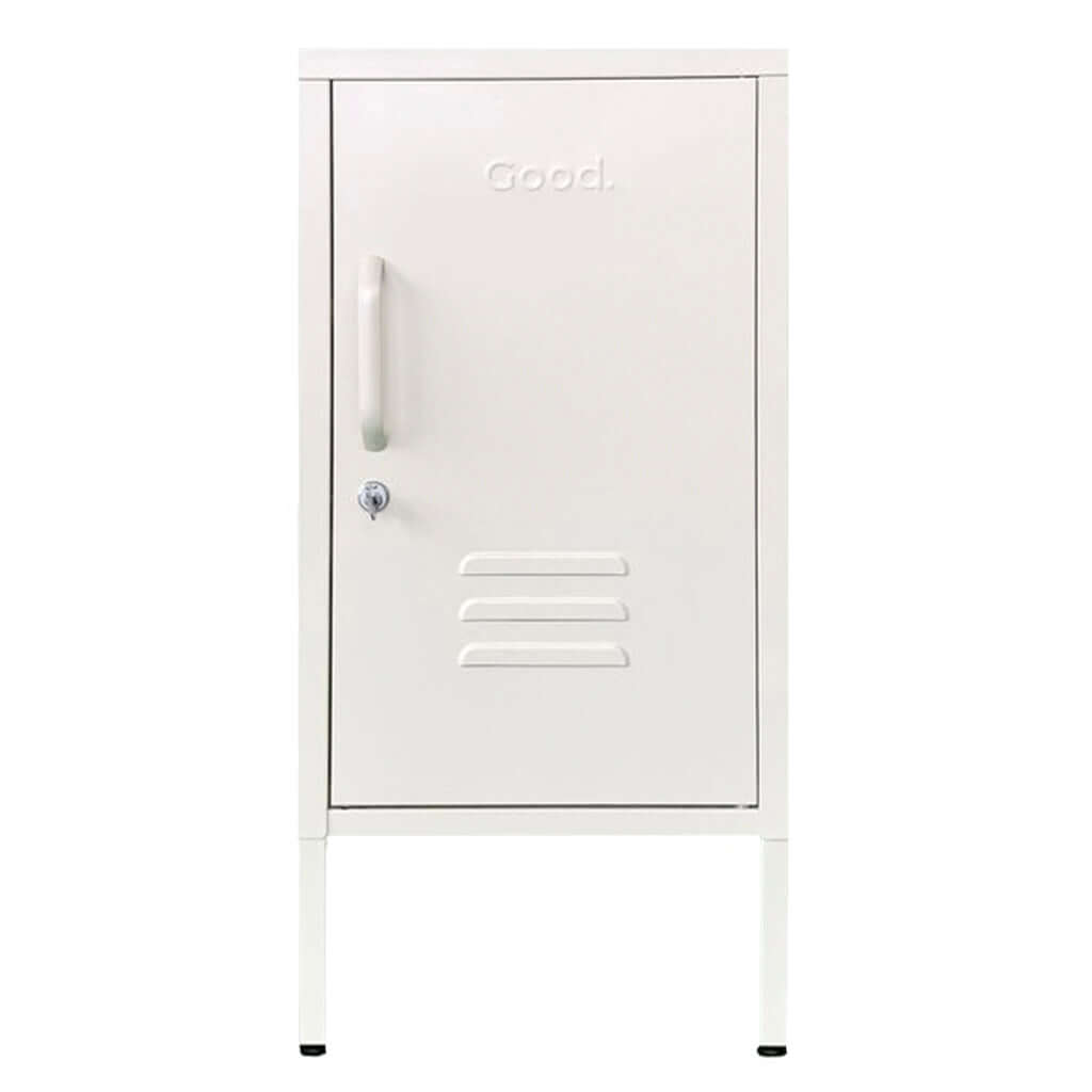 Alt Tag: Good. Doris Contemporary Metal Locker in white steel with vented door and handle, compact bedside or desk storage cabinet