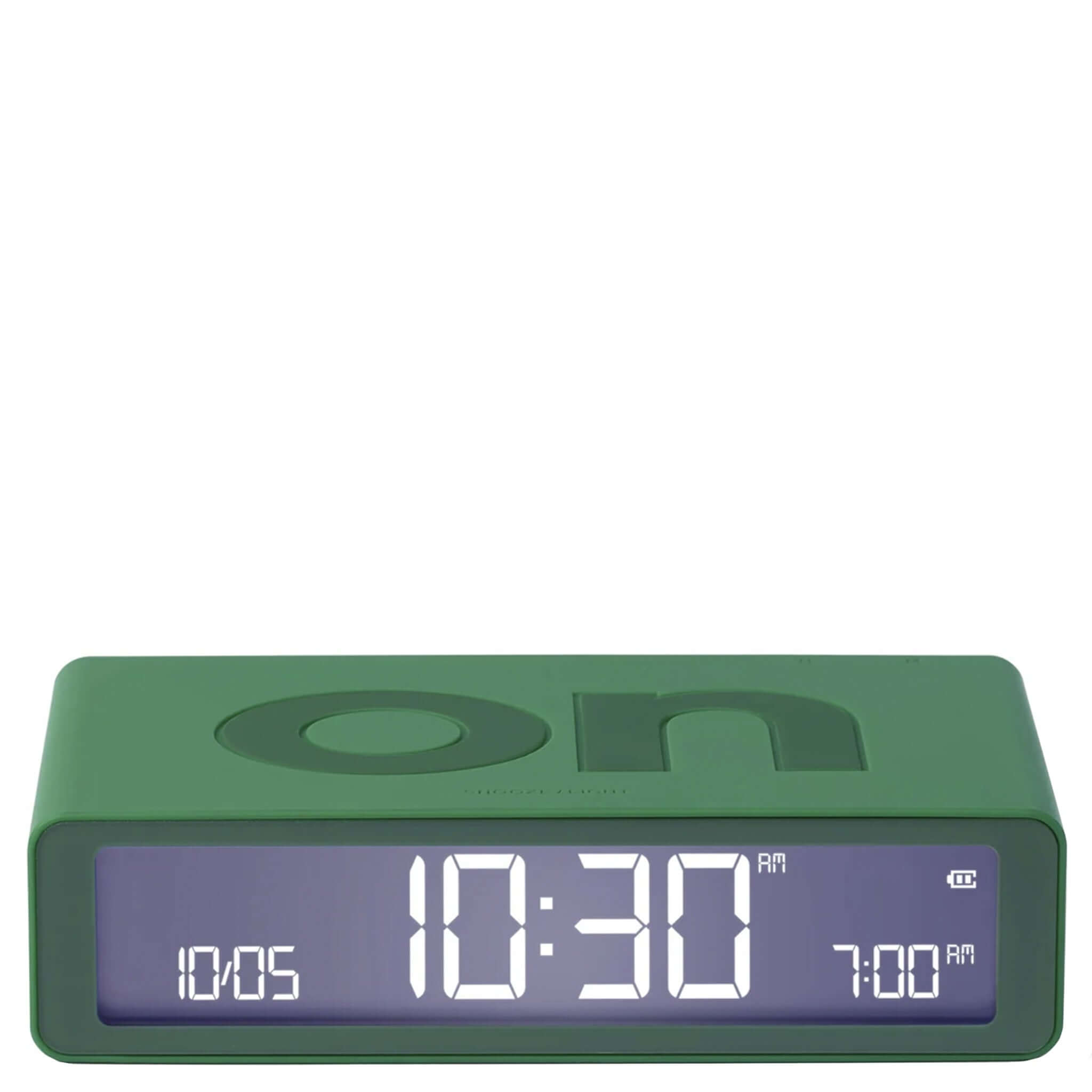 Lexon Flip Classic Reversible LCD Alarm Clock - Emerald Green displaying time with a modern design.