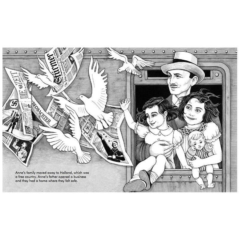 Alt Tag: Little People, Big Dreams - Anne Frank illustrated scene of Anne Frank’s family on train, newspapers and doves flying from pages