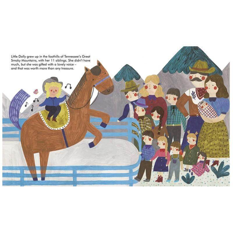 Little People, Big Dreams - Dolly Parton illustrated book page showing young Dolly singing on a horse as her family watches in Tennessee